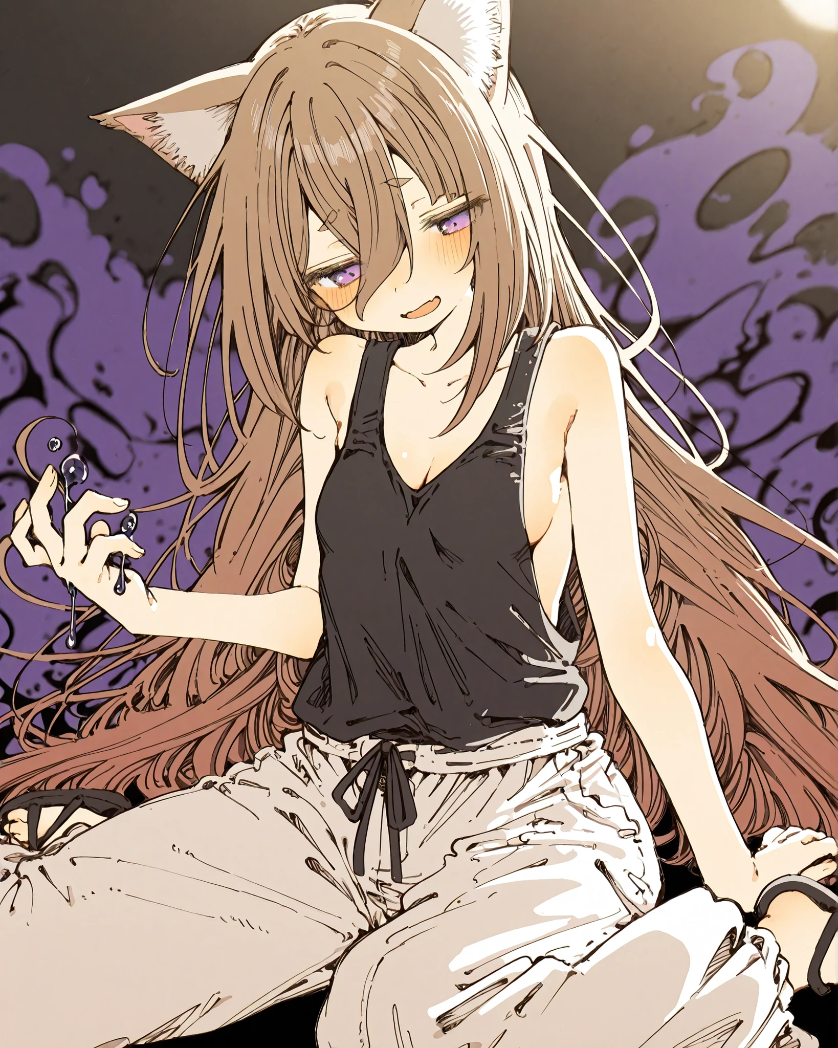 ((Abara Heiki style)), ((Masterpiece)), ((best quality, amazing quality)), ((very aesthetic, absurdres, newest)),  ((detailed background, negative space, blurry background, depth of field, Asymmetrical background)), ((high contrast backlighting, sharp shadow edges, high contrast body outline)), ((1girl)), Cute young Girl, (Healthy Gaunt body, Textured skin, small , cleavage, tilt head), ((Black shirt, sleeveless shirt, sheer shirt, sideboob)),  shoulder, (pale pink baggy pants), Cheesy sandals, slightly exposed cleavage, slightly exposed ), slightly worried, soft gaze, blush, Open mouth, (troubled smile), Thin and short eyebrows, troubled eyebrows, fuzzy Cat ears, Pale brown hair, unruly hair, (hair between eyes, long bangs, long side bangs), BREAK, (pale purple eyes, gradient eyes, averting eyes, looking at side), (loose sitting, wariza), evil aura rises from hand, (swirling black aura background, ink-like texture, fluid dynamics, viscous appearance), swirling, tendrils, spreading, (dark liquid background), only abstract darkness, movement implied through curved strokes, outdoor, ((supernatural atmosphere)), 