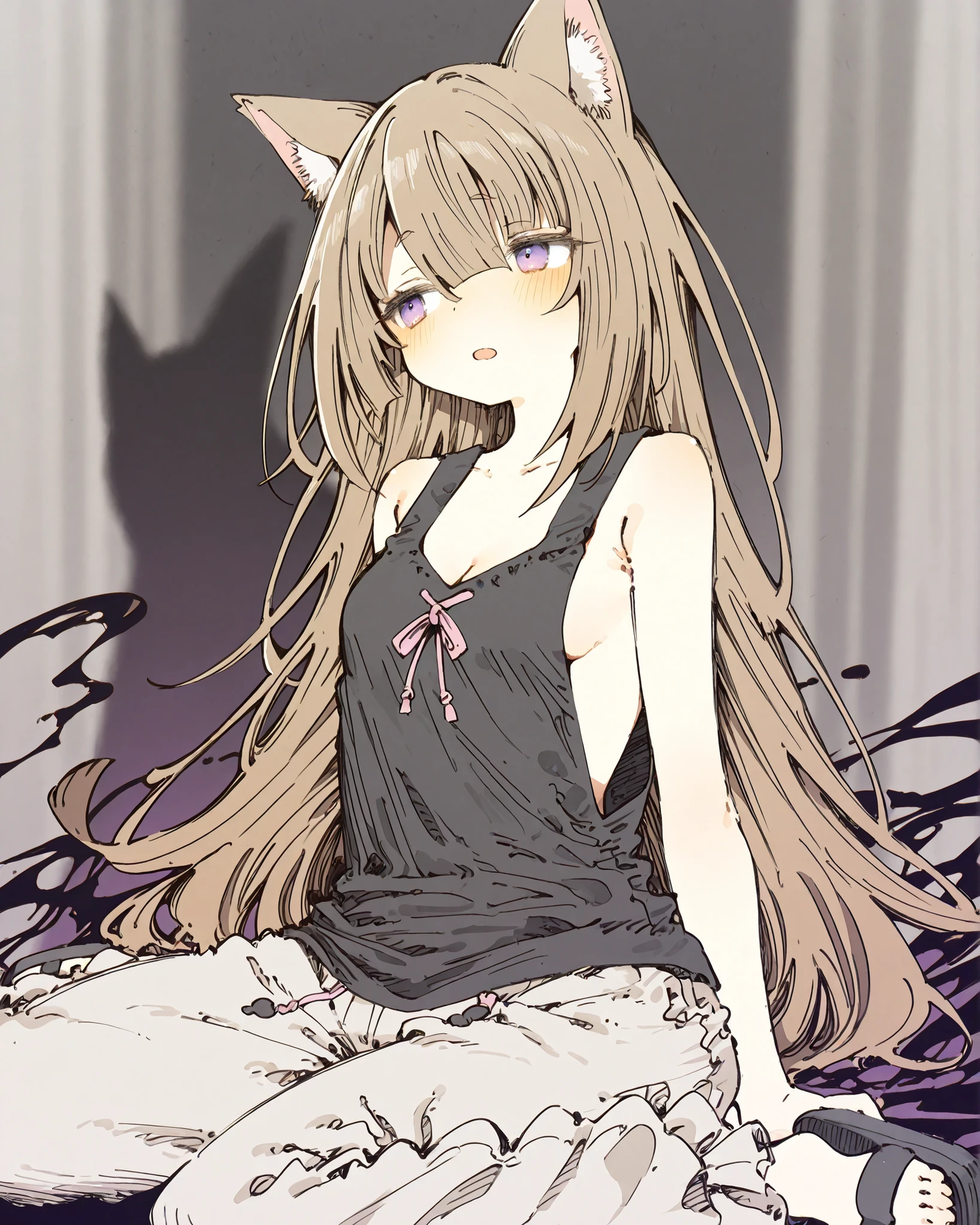 ((Abara Heiki style)), ((Masterpiece)), ((best quality, amazing quality)), ((very aesthetic, absurdres, newest)), ((detailed background, negative space, blurry background, depth of field, Asymmetrical background)), ((high contrast backlighting, sharp shadow edges, high contrast body outline)), ((1girl)), Cute young Girl, (Healthy Gaunt body, Textured skin, small , cleavage, tilt head), ((Black shirt, sleeveless shirt, sheer shirt, untucked shirt, sideboob)), shoulder, (pale pink baggy pants), Cheesy sandals, slightly exposed cleavage, slightly exposed ), slightly worried, soft gaze, blush, Open mouth, (troubled smile), Thin and short eyebrows, troubled eyebrows, fuzzy Cat ears, Pale brown hair, unruly hair, (hair between eyes, long bangs, long side bangs), BREAK, (pale purple eyes, gradient eyes, averting eyes, looking at side), (loose sitting, wariza), evil aura rises from hand, (swirling black aura background, ink-like texture, fluid dynamics, viscous appearance), swirling, tendrils, spreading, (dark liquid background), only abstract darkness, movement implied through curved strokes, outdoor, ((supernatural atmosphere)),