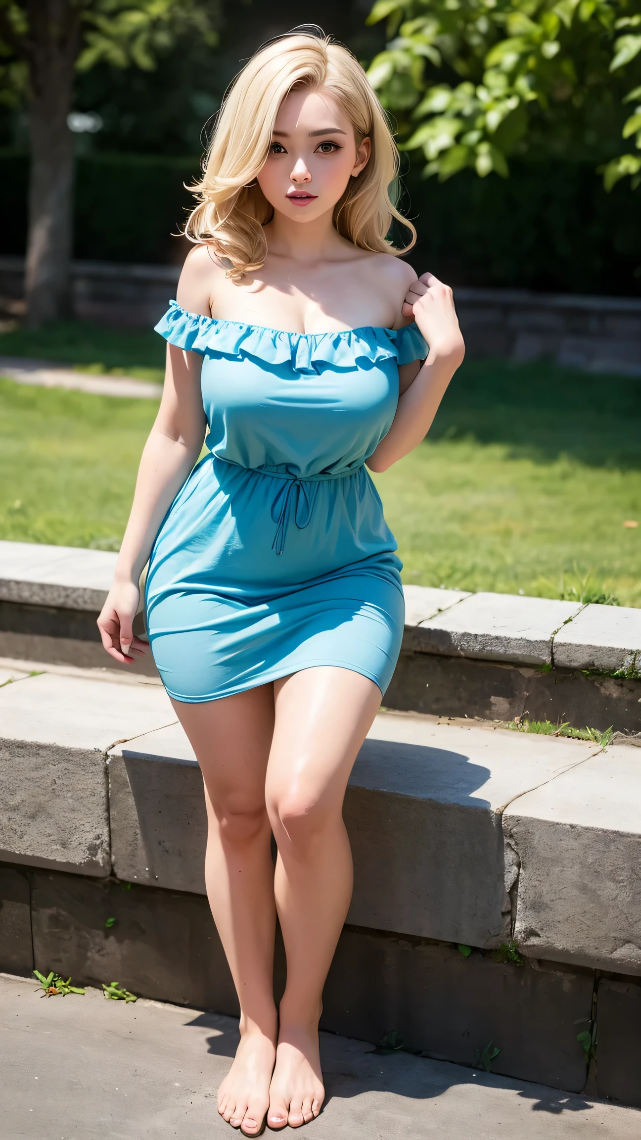 25 years old,brown eyes,blonde  short hair, short blue dress with cleavage, full body