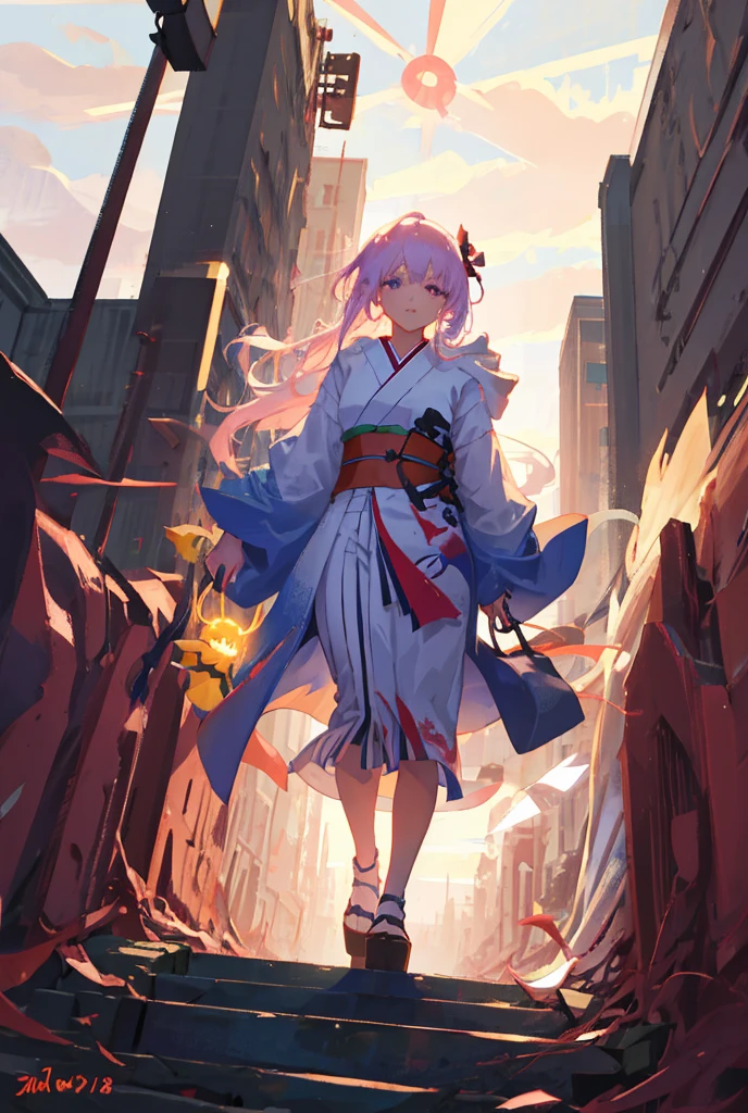 ((A pink-haired))，The hair was long，green eyes,Very long dull hairs，dark city background，white kimono costume，White miko stockings，white , night,standing,pink hair,pink hair,
