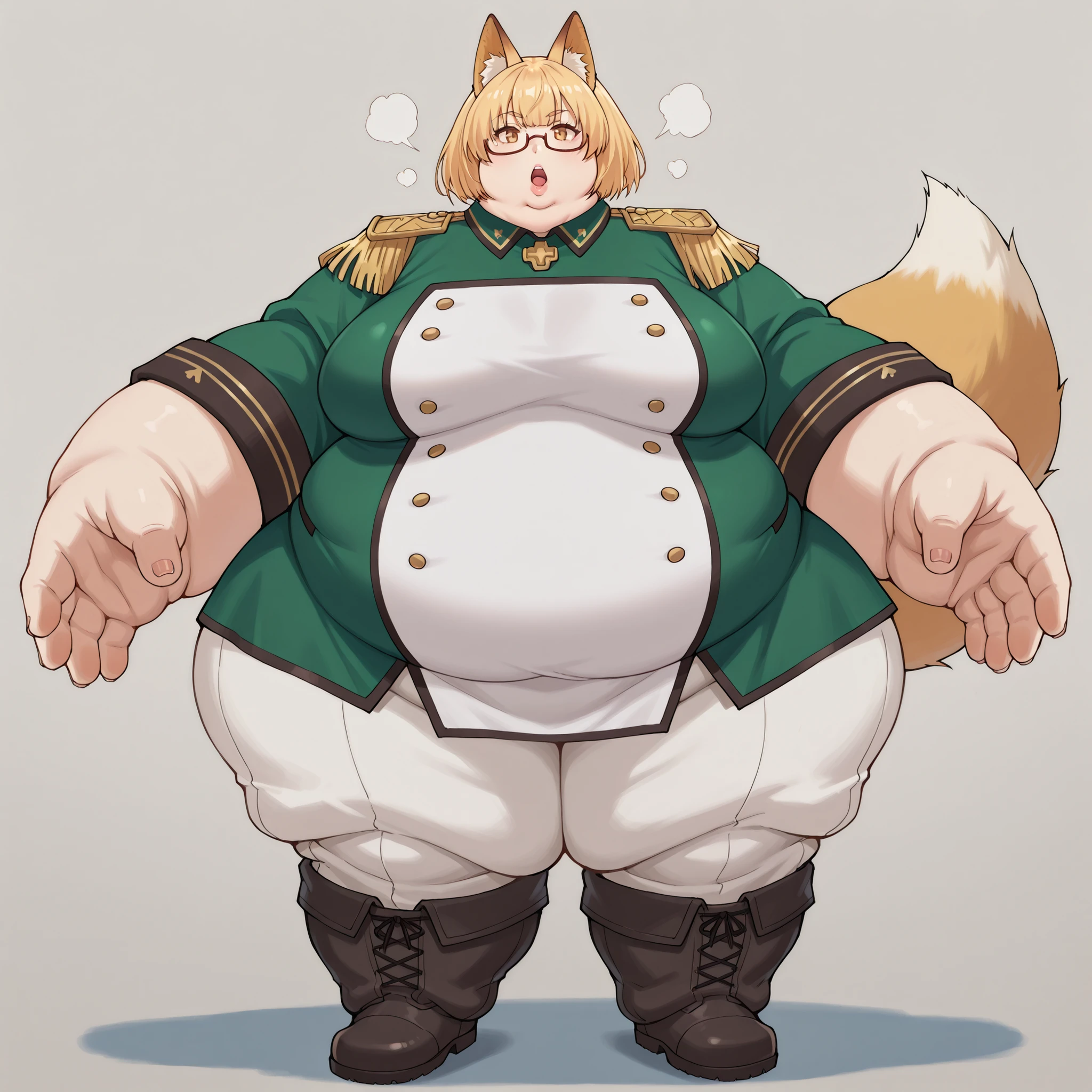 kaedefoxia, 1girl, solo, kitsune, glasses, animal ears, epaulettes, blonde hair, short hair, under-rim eyewear, fox ears, double-breasted tunic, knee boots, uniform, military uniform, white pants, fat, chubby, obese, fat neck, multiple chins, big breasts open mouth, out of breath, Larger female, full body shot, only head, large head, oversized limbs, large hands, large feet, oversized feet, oversized fingers, big lips, plump lips, fat face, fupa, big fupa, fat fupa, 