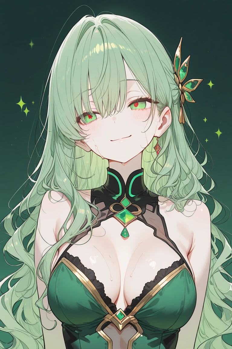 (masterpiece, best quality), best quality, best resolution, (ultra-detailed), (3heads:1.5), 1girl, (fuma mishandra:1.3), masterpiece, best quality, ultra quality, ultra resolution, ultra detail, black top, crop top, ((stomach)), midriff, ((groin)), black skirt, , normal ears, , green hair, very long hair, wavy hair, sidelocks, green eyes, parted lips, open belly, sweat, cute, toned belly, hand on own chest, eyelashes, (24 year old woman:1.3), (masterpiece:1.5), (best quality:1.5), (beautiful detailed), extremely detailed CG, extremely delicate and beautiful, depth of field, (finely detailed face), (perfect details:1.2), (mature female:1.3), wide pelvis, slender, large veiny breast, 16k resolution, highres, high quality, high definition, extremely detailed, masterpiece, green hair, long hair, alluring presence, twin braid, short skirt, close up, big tits, young, girl with three heads,