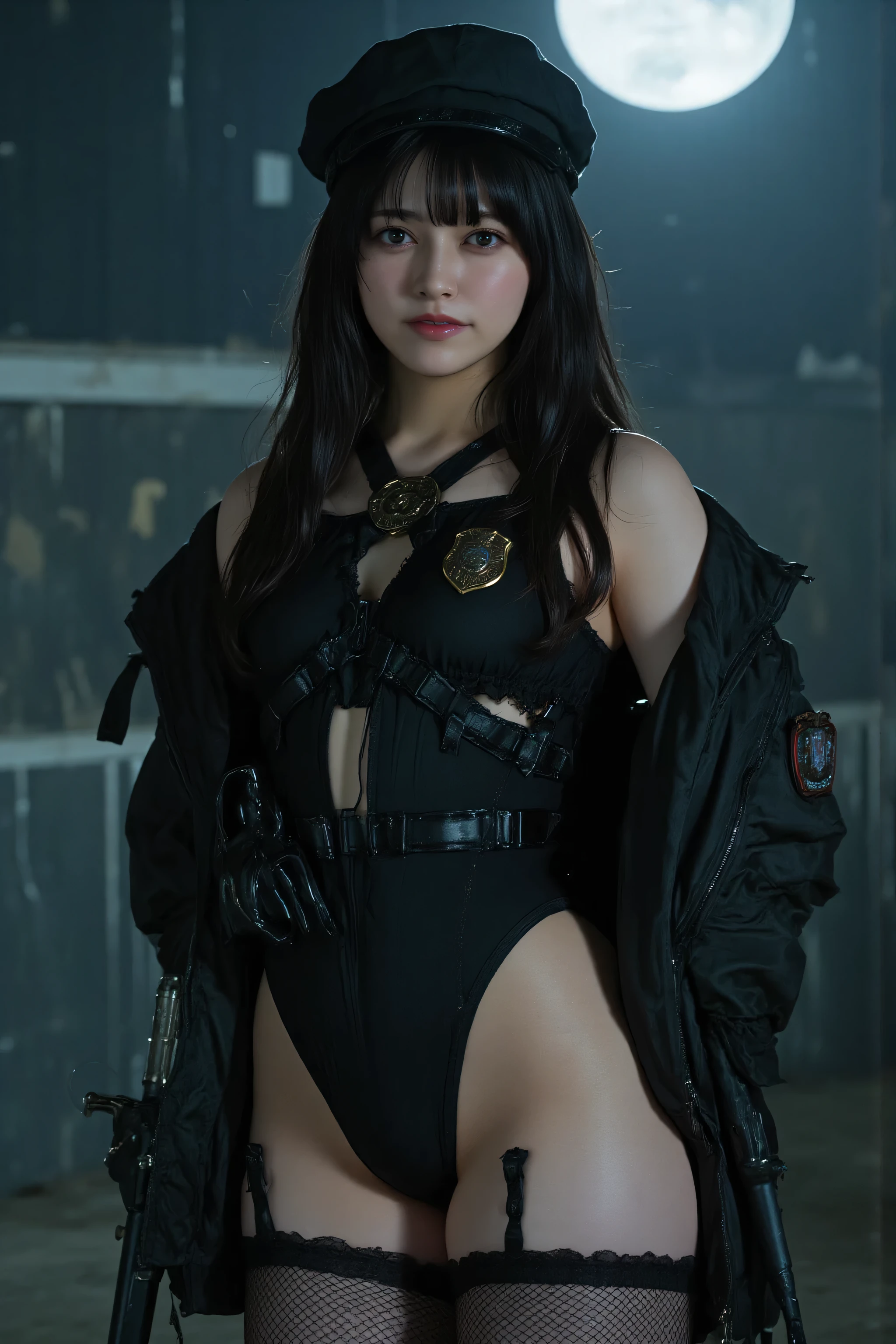 (((Midnight Moon Desert:2.0))),(((Matrix Style Cyberpunk Atmosphere:2.0))),((((Meteor Shower:2.0)))),one woman,((Super High Leg Leotard with a Male Body Stick:2.0)),(cute face:1.5),(Beautiful well-balanced face :1.7),((wavy black hair:2.0)),(Beautiful Eyes:1.3),glamorous shot of a 20-year-old Japanese woman,Beautiful Slender Body,((model body type:2.0)),((slim body:1.7)),perfect body line,Ideal Proportions,((big breasts:2.0)),((D Cup Breasts:1.5)),big boobs,Bare thighs,sensual thighs,delicate body,(muscular:1.7),harmonious posture,((Realistic breast depiction :1.7)),((carefully depicting perfectly anatomical limbs:2.0)),((Dull Black Special Forces Style Super Hi-Leg Leotard with Harness:2.0)),((Super High Leg Leotard with Badge:2.0)),((((Black Military Jacket with Open Front:2.0))),((tactical holster:2.0)),(Army Officer's Military Hat:2.0),((((thick fishnet tights:2.0)))),Concept Art,(top quality:1.5),(masterpiece:1.5),(超高Resolution),Resolution,UHD,(Fine Drawing),carefully drawn,32k,((with a realistic skin texture:1.5)),(((super realistic:1.5))),carefully drawn eyelashes,very detailed faces,highly detailed female hands,sexy appearance,very sensual,(Blurry, dim background:1.5),professional photoshoot,(Movie Lights:2.0),((Matrix Style Light:2.0))
