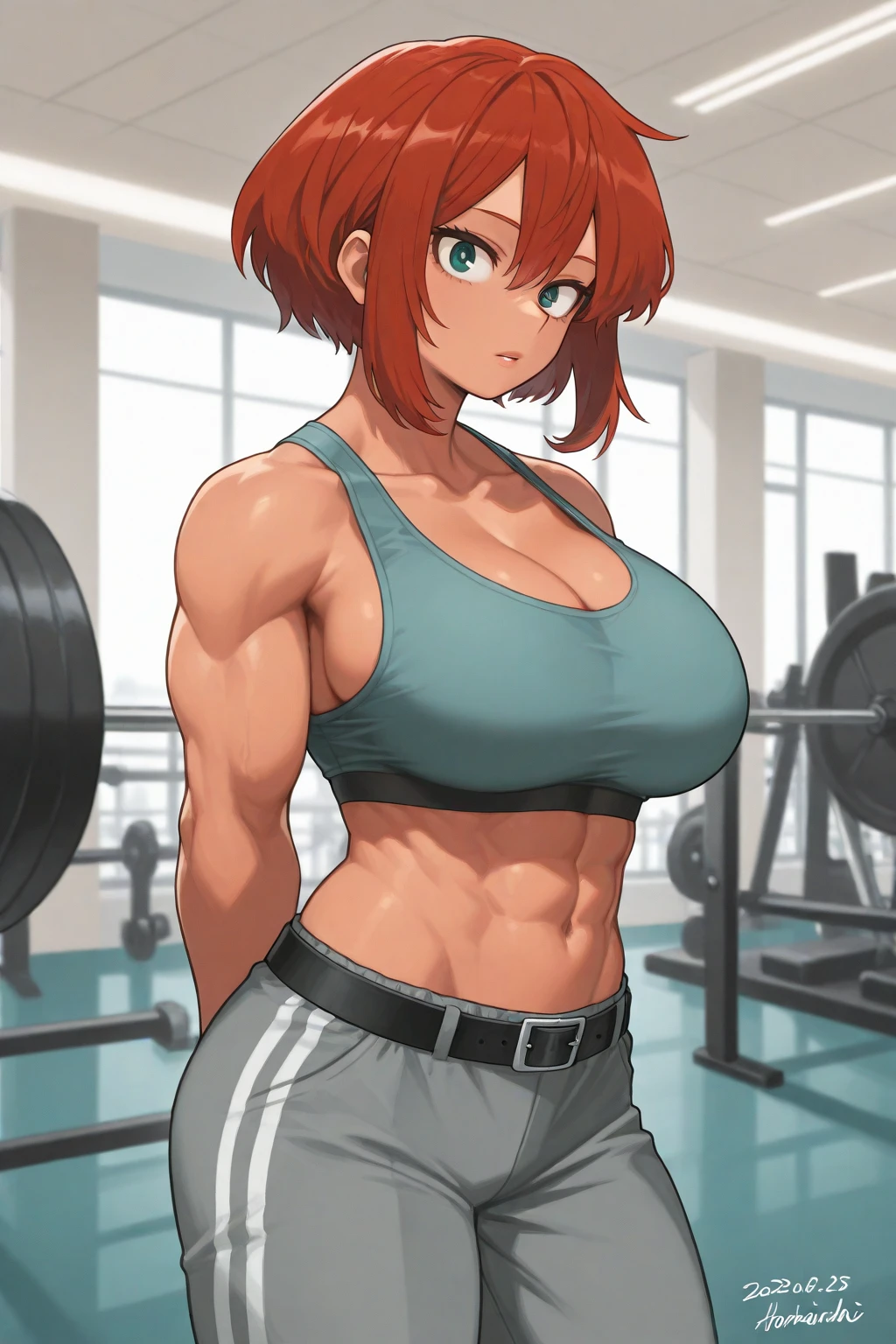 (masterpiece: 1.2), (best quality: 1.2), perfect eyes, perfect face, volumetric lighting, 1girl, mature female on gym, mother, very muscular body , very tall  , cute face, very defined muscles , bitting lips , sexy, , smiling, blushing, sweat, huge breasts, thick thighs, thick body, posing for photo, perfect hourglass body
