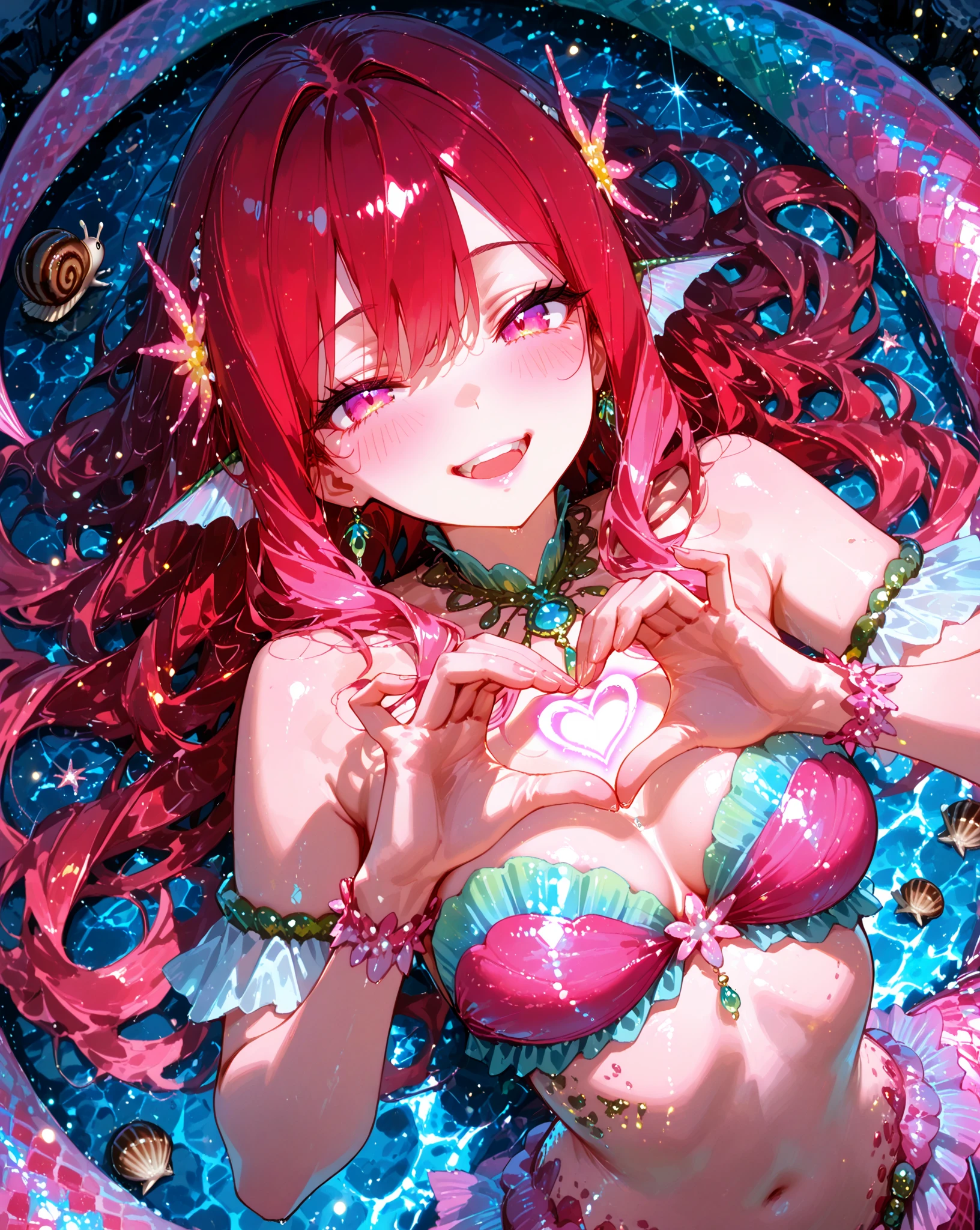 (illustration:1.8),(best quality),(masterpiece:1.5),masterpiece,extremely detailed CG unity 8k wallpaper),depth of field, mermaid, 1girl, solo, midriff, navel, armpits, bra, fins, gills, bracelet, armlet, necklace, pearls, choker, gold, jewelry, full body, flandre_scarlet_touhou, blonde_hair, wings, red_eyes, crystal, bangs, hat, one_side_up, ribbon, mob_cap, bow, blush, smile, white_headwear, hair_between_eyes, red_bow, red_ribbon, hat_ribbon, short_hair