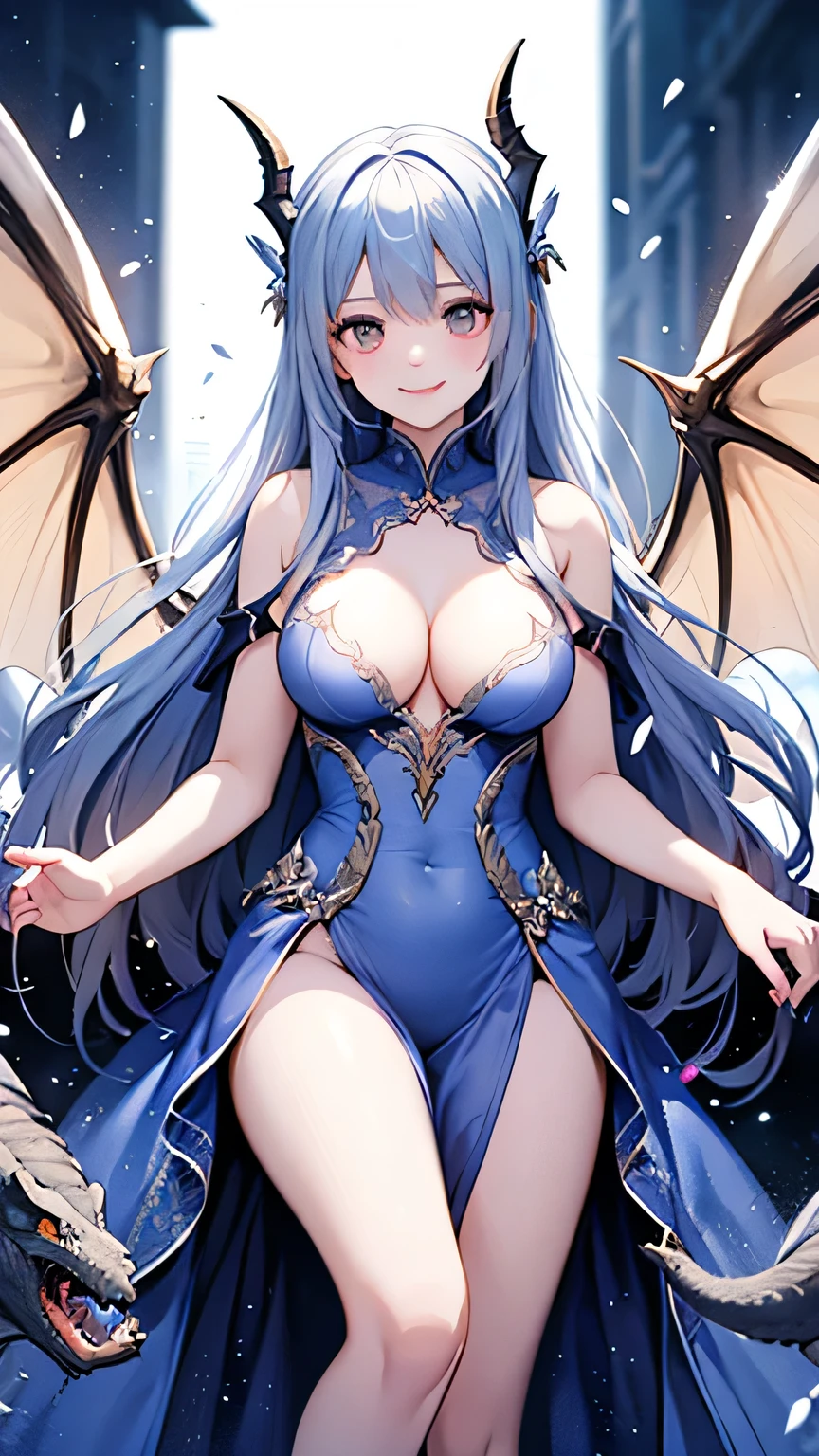 ((Highest quality、Super detailed、High resolution illustrations、Ultra-high-definition CG、８k size wallpaper、Production Art、Light novel illustrations、Anatomically Correct Dragon Girl)) Yui Kotegawa transforms into a Blue Dragon,  kotegawayui, Long Hair, Yellow Eyes, ((With dragon eyes and sharp fangs))、(((Impressive dragon tail extending from tailbone))) 、(((Large blue dragon wings growing from the shoulder blades on his back.)))、((Dragon legs with sharp claws、Covered in fine scales from the toes to the thighs、Covered in fine blue scales from fingertips to shoulders、Long fingernails))、 are fully visible、(The boundary between the scales and the skin is unclear)、((A small fin that runs from the spine to the tail))、Back Focus