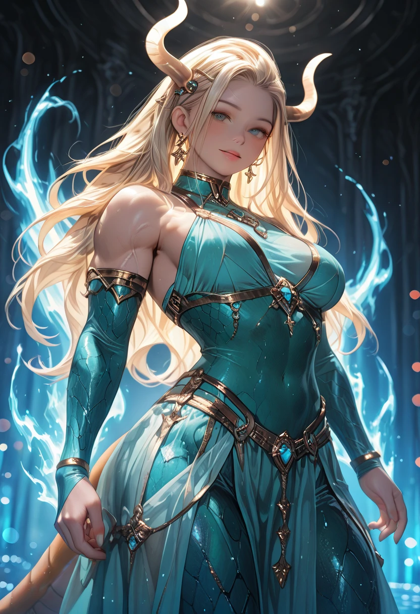 (extremely detailed CG unity 8k wallpaper, masterpiece, best quality, ultra-detailed), (an enchanting and captivating girl, with resplendent golden hair), (elven:0.5), looking at viewer, full body, (dynamic angle, dazzling blue eyes, exquisite necklace, enchanting smile), (a background of magic and mystery, fireflies, glowing particles, ethereal mist, and a touch of darkness), high saturation, cinematic light, rim lighting, best shadow, dancing, dragon tattoo on a leg, streaked hair, blue eyes,