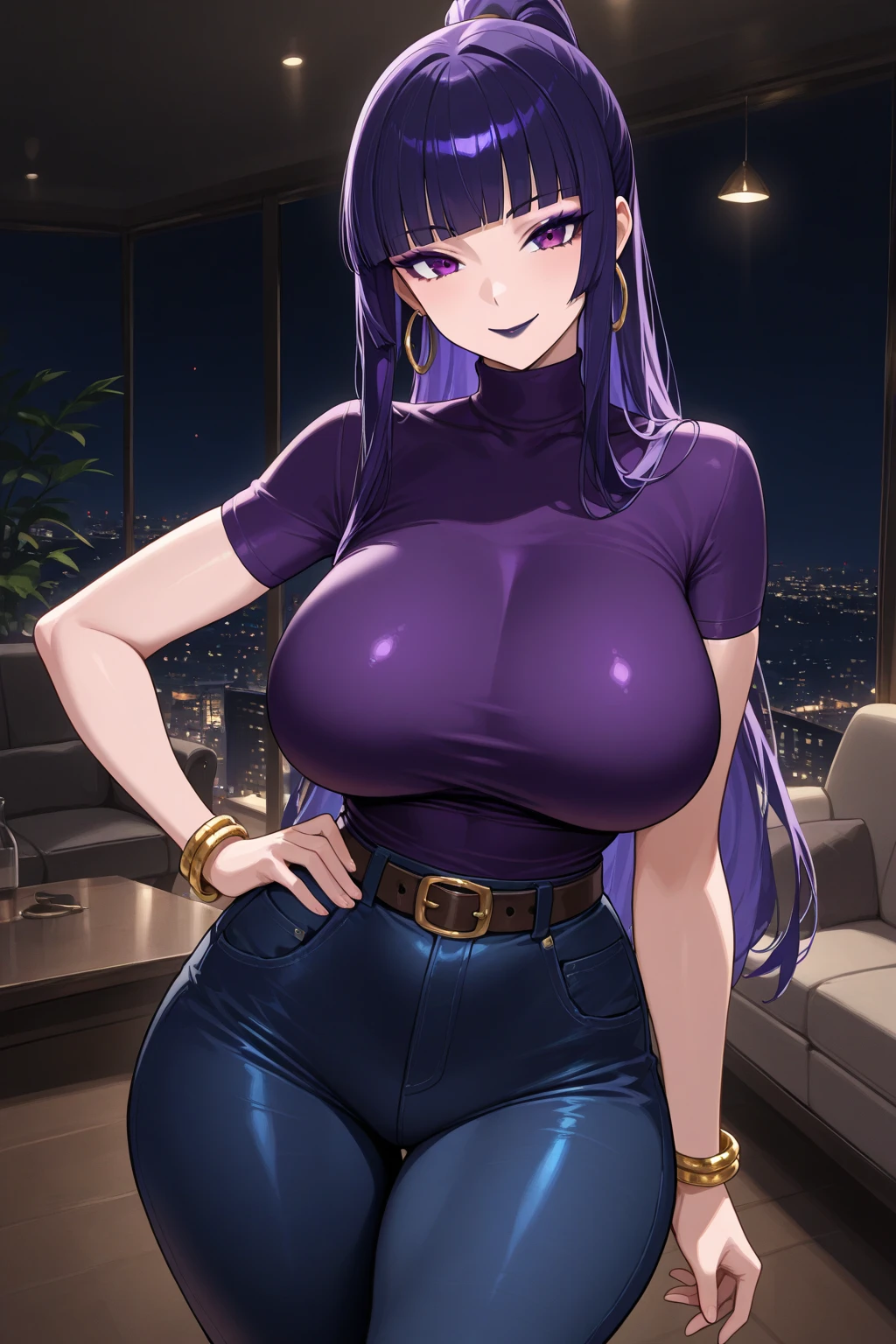 1990s, (masterpiece), high-definition, detailed face, cute girl, thick body, (big ????: 1.4) big ????, round ???, (black hair with dark purple highlights: 1.4), (tight grey t-shirt: 1.4), (black jacket: 1.4), (purple tight skirt: 1.3), belt, (black ?????: 1.2), thigh high stockings, boots, fishnet, pin-up pose, balcony