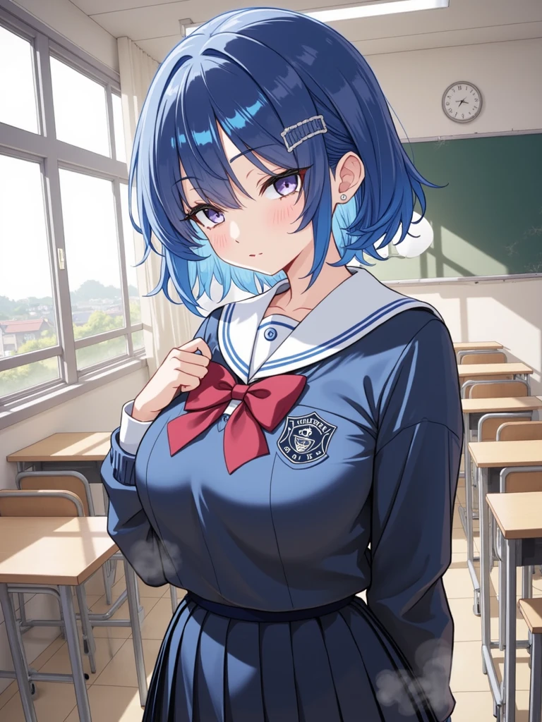 highest quality,wonderful,finely,extremely detailed CG unity 8k wallpaper,1 girl,priest(dq3),blue hair, big breasts,(school uniform:1.4),, highest quality,Super detailed,unity 8k wallpaper,game CG,