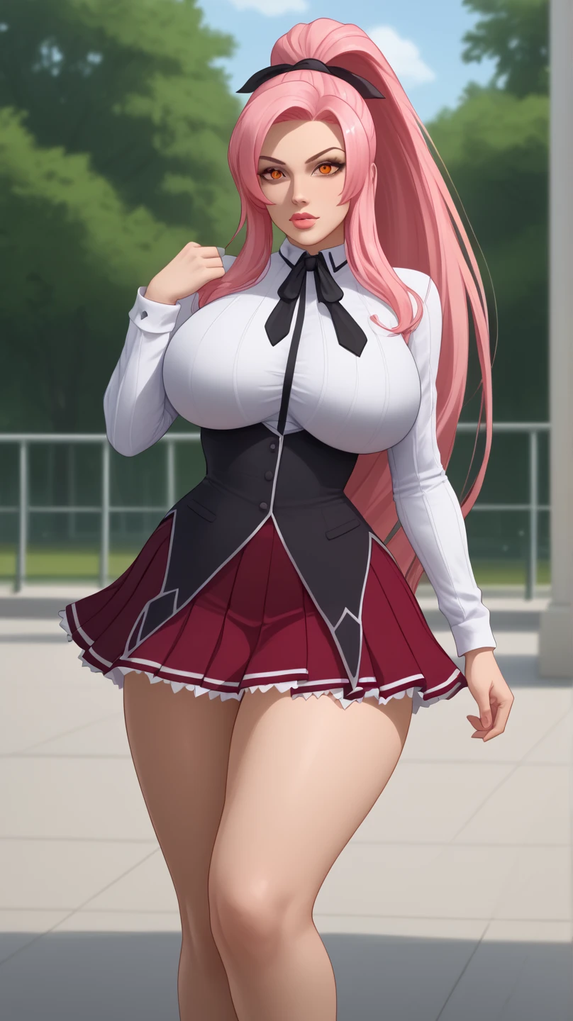 ((Best Quality)), ((Masterpiece)), (detailed), 1 girl, white button-down t-shirt, purple skirt, high brown stockings, black high-heeled sneakers, Pastel yellow hair, long hair, hair covers one eye, purple eyes, tight, ???????????, big thighs, expression smiling shy, walking in a park