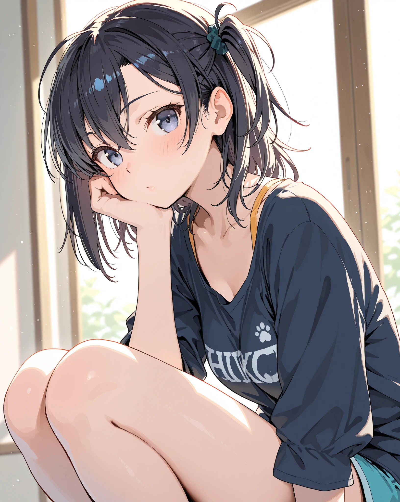 (top-quality、8K、32K、​masterpiece、nffsw:1.2)、a cute 、Medium short hair、short braiding、beauitful face、(Slouched:1.3)、crouching down、(From  above:1.2)、(a closeup:1.4)、small curvy 、((You can see the chest))、Loose baggy T-shirt、(beautiful  slips:0.9)、outside of house、the wind、shinny skin、blurry backround、