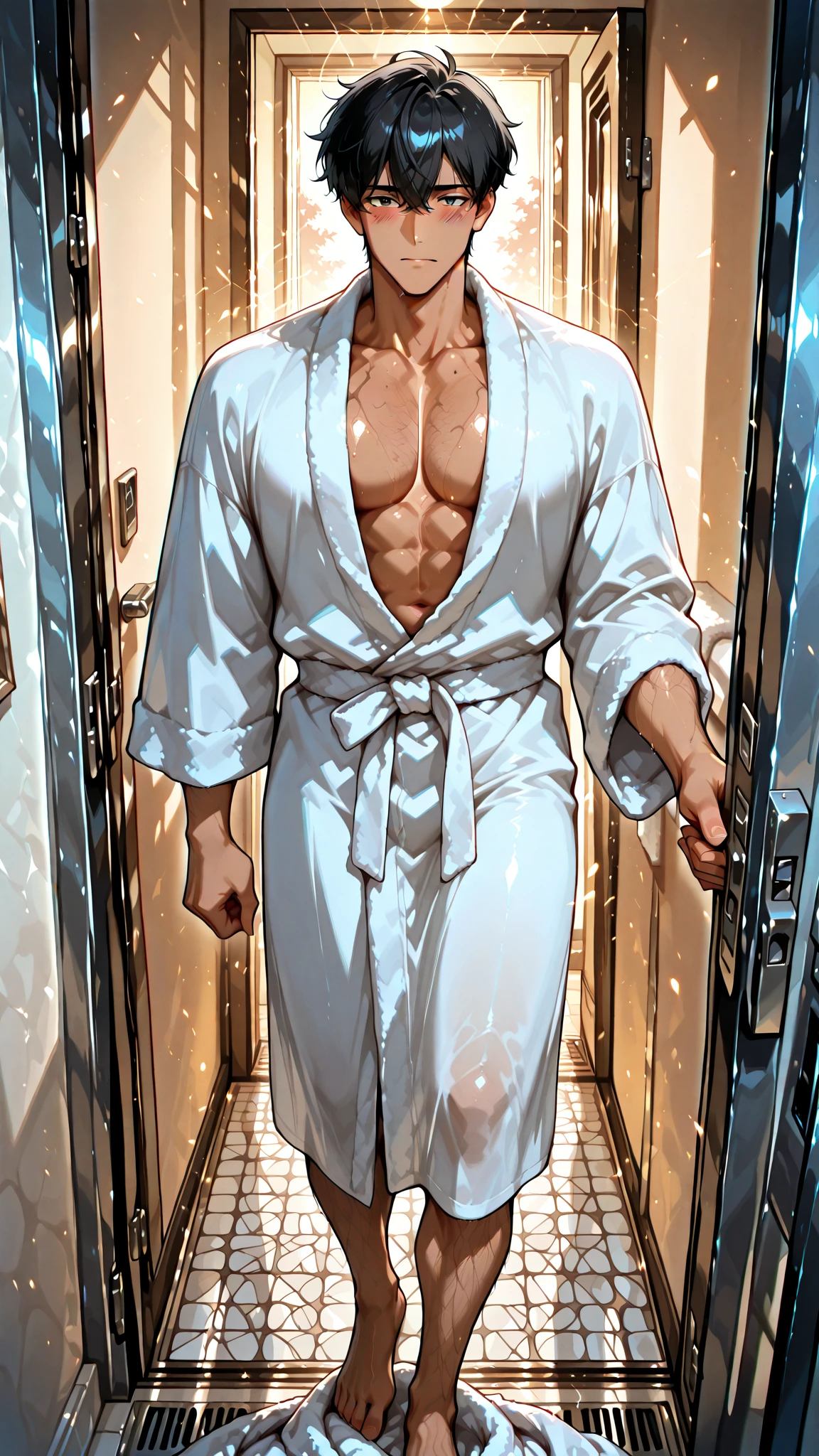 (absurdres, highres, ultra detailed), masterpiece, 12yo boy in towel around his waist, solo, handsome, short hair, brown eye, finely eye, detailed face, (forehead), , bathroom, dimly lit bathroom background, full body view, steam, from side, look at viewer, thick fog