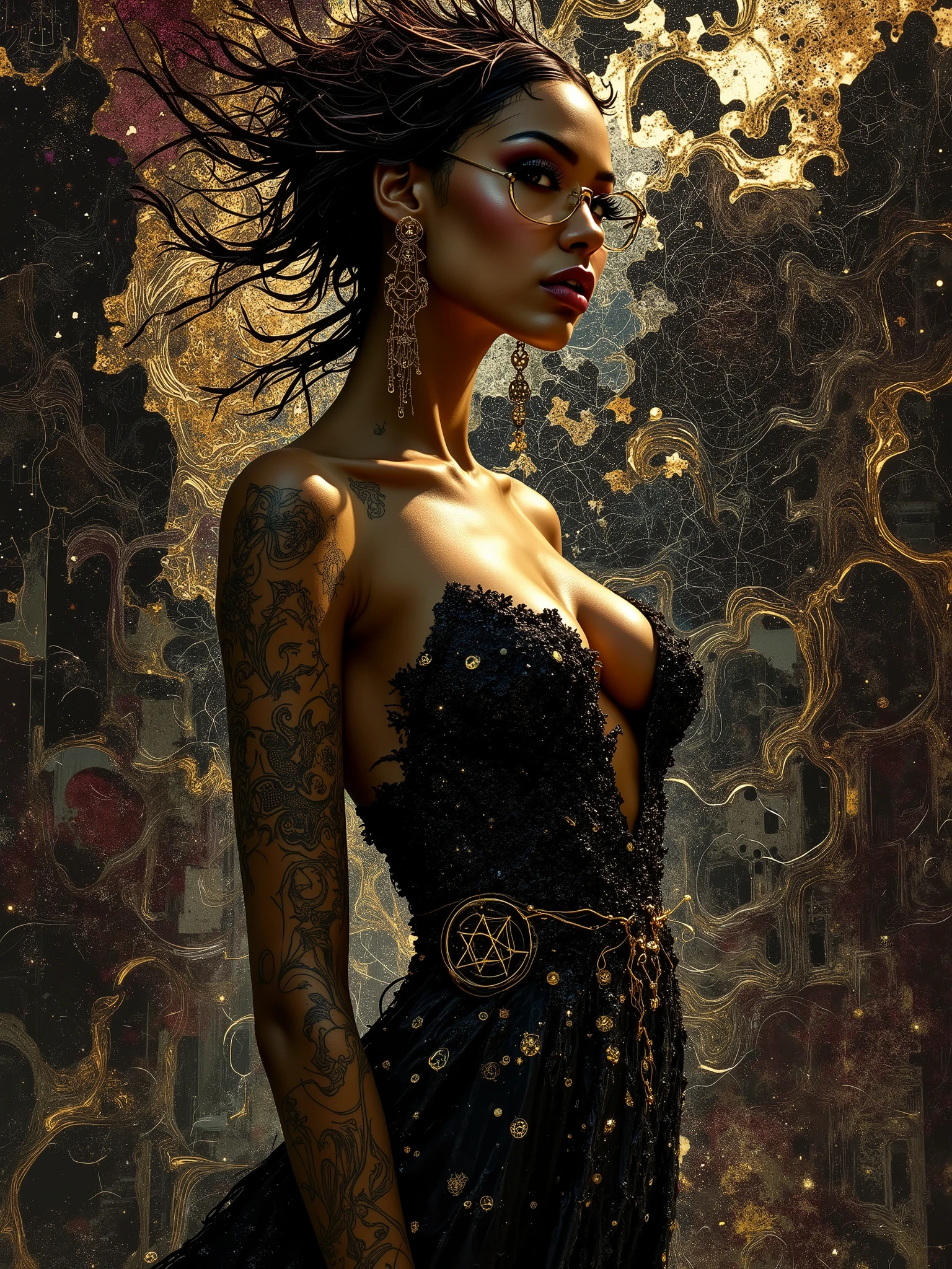In the style of Neon glitch mosaic surrealism, we see a photo-realistic bizarre portrait of a beautiful, and Charismatic caucasian half black lady of mixed heritage bearing a large gap toothed infectious smile between dimpled cheeks, graceful yet an outcast, radiating an eldritch aura and mysterious supernatural power. Her deep light golden-brown caramel skin glows with lifelike detail. She stands in a wild avant garde black and gold dress with a skirt that ends at her thighs thats very low cut and nuanced, in a theatrical pose, eyeglasses of superb make that are in a golden and black frame, large round expressive dark eyes, gap-toothed beguiling smile, exuding otherworldly energy. Her form: petite upper body, medium 32C natural breasts, powerful larger arms, trim waist, dramatically wide hips, large round ass, robust long legs. Tattooed script of loved ones on arms and chest; unfinished bowtie tattoos on thick thighs. Around her, swirling tendrils of shadow and iridescent light evoke an ancient cosmic power, casting ethereal light and mysterious symbols. In the somber, moody background, crumbling ancient wonders and modern facades meld in cool tones, surreal textures, gothic opulence and bold dramatic lighting. Intricate, high-fashion details inspired by McQueen, Mugler, and Gaultier. She is enveloped in a haunting, melancholic glamour—chosen, enchanting, blending history, futurism, and eldritch magic in a cinematic ArtStation illustration.