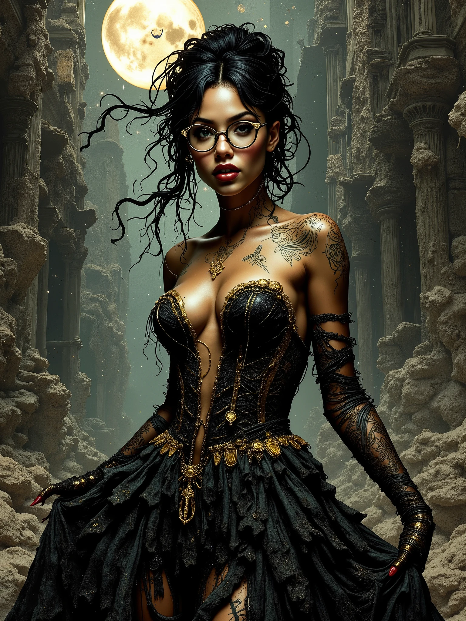 In the style of Neon glitch mosaic surrealism, we see a photo-realistic bizarre portrait of a beautiful, and Charismatic caucasian half black lady of mixed heritage bearing a large gap toothed infectious smile between dimpled cheeks, graceful yet an outcast, radiating an eldritch aura and mysterious supernatural power. Her deep light golden-brown caramel skin glows with lifelike detail. She stands in a wild avant garde black and gold dress with a skirt that ends at her thighs thats very low cut and nuanced, in a theatrical pose, eyeglasses of superb make that are in a golden and black frame, large round expressive dark eyes, gap-toothed beguiling smile, exuding otherworldly energy. Her form: petite upper body, medium 32C natural breasts, powerful larger arms, trim waist, dramatically wide hips, large round ass, robust long legs. Tattooed script of loved ones on arms and chest; unfinished bowtie tattoos on thick thighs. Around her, swirling tendrils of shadow and iridescent light evoke an ancient cosmic power, casting ethereal light and mysterious symbols. In the somber, moody background, crumbling ancient wonders and modern facades meld in cool tones, surreal textures, gothic opulence and bold dramatic lighting. Intricate, high-fashion details inspired by McQueen, Mugler, and Gaultier. She is enveloped in a haunting, melancholic glamour—chosen, enchanting, blending history, futurism, and eldritch magic in a cinematic ArtStation illustration.