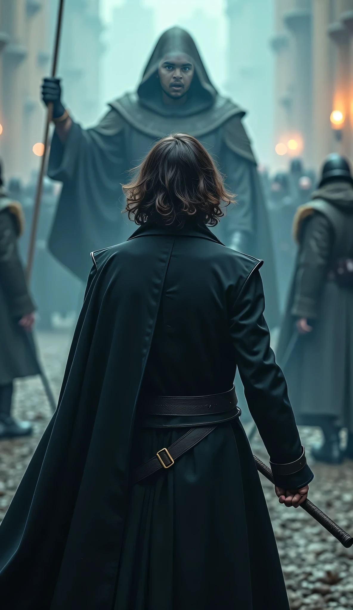 A man with wavy dark brown hair and blue eyes pointing her wand at a man from behind, He is ready to world war. don't show the woman face