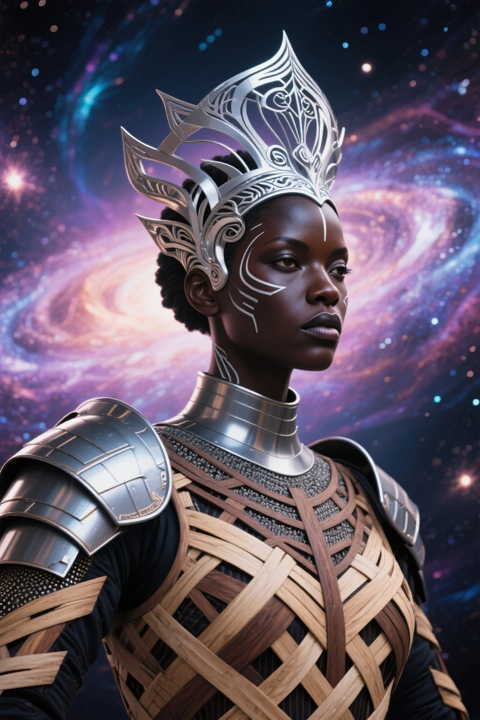 A 8k image of a exptic, celestial being of african decent  with aftican features. She is bery curvy and her ethereal form shimmering with hues of stardust and galaxies, traverses the vast expanse of the cosmos on a glittering cosmic chariot. The image, a vibrant and surreal painting, captures the intricate details of her flowing, iridescent robes and luminous, rainbow-hued hair as she navigates through the universe. Her body looks perfect