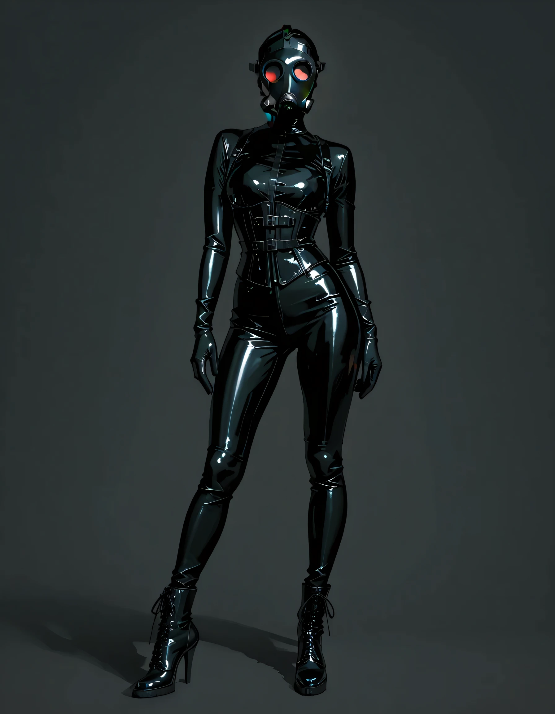 Professional fashion photography, full body shot. A model posing against a seamless dark grey background. She is outfitted in a sleek black latex catsuit, tight corset, and thigh-high patent leather boots with high heels. She wears a stylized, modern gas mask with dark lenses. Studio strobe lighting, high contrast, emphasis on the glossy texture of the material, vogue magazine style, elegant yet intimidating silhouette.