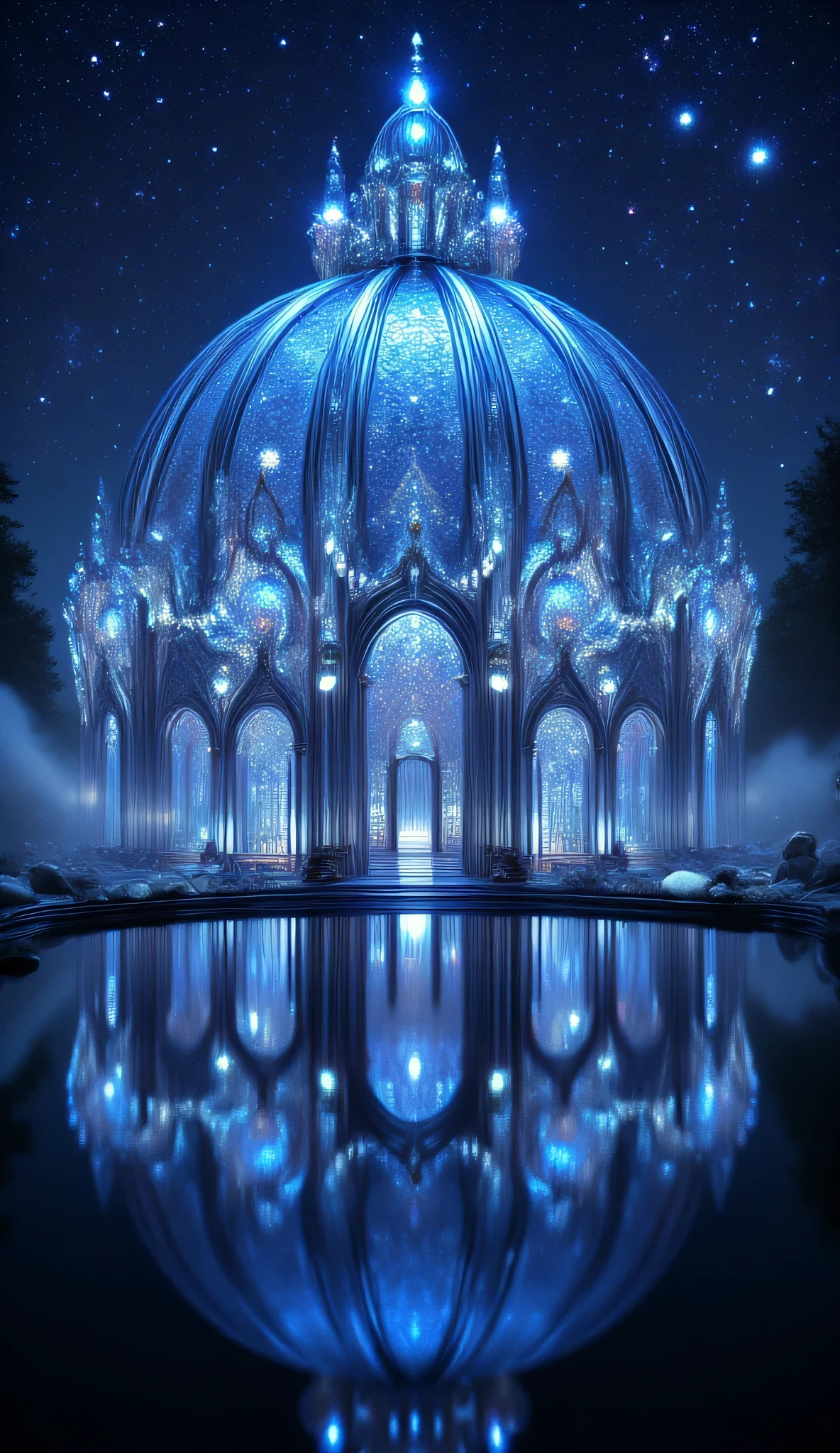 A dome-shaped palace of crystal and glass, floating on a serene lake, reflecting thousands of stars. Moonlight illuminates detailed spires and archways, while subtle magical energy pulses along the edges. Mist rises from the lake, surrounding forests faintly visible. Ultra-realistic reflection, cinematic lighting, fantastical design.