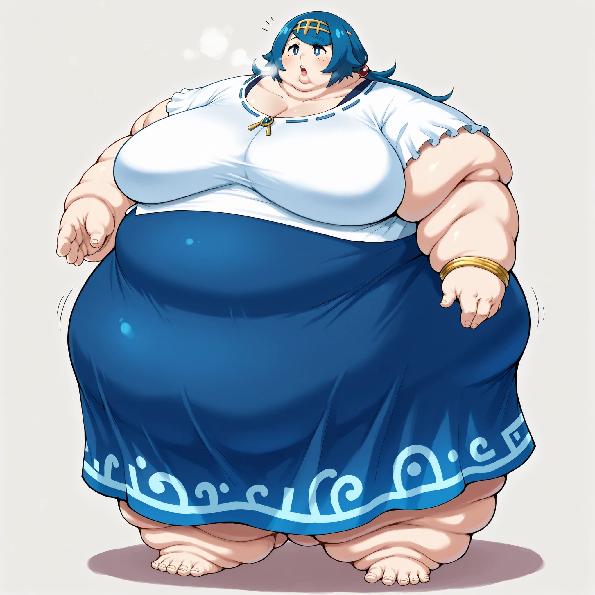 pokemonmotherlana, blue eyes, blue hair, freckles, hair ornament, long hair, swept bangs, bright pupils, blouse, blue skirt, bracelet, collarbone, dress, jewelry, long skirt, shirt, short sleeves, skirt, white shirt, breasts, fat, chubby, obese, fat neck, multiple chins, big breasts open mouth, out of breath, Larger female, full body shot, only head, large head, oversized limbs, large hands, large feet, oversized feet, oversized fingers, big lips, plump lips, fat face, fupa, big fupa, fat fupa, 