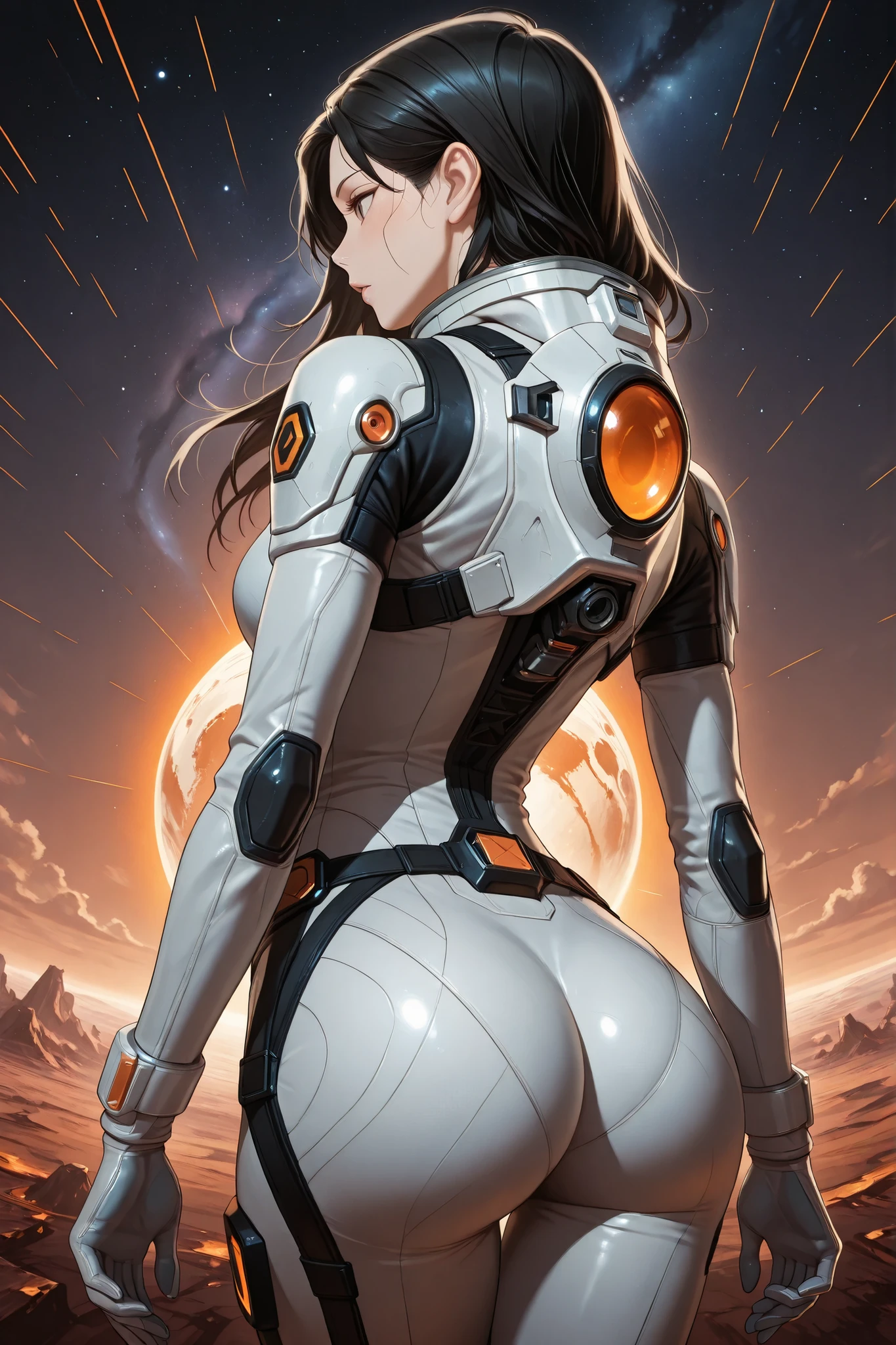high resolution images, masterpiece, Highest Quality, amazing quality, official art, Highly detailed, Wallpaper, 1 girl, black hair, slim frame, A very attractive and slim woman wearing a tight spacesuit walks in an abandoned planet, view from behind, ass, sideview, dynamic angle,  ((orange accent lines)), black accent lines, 