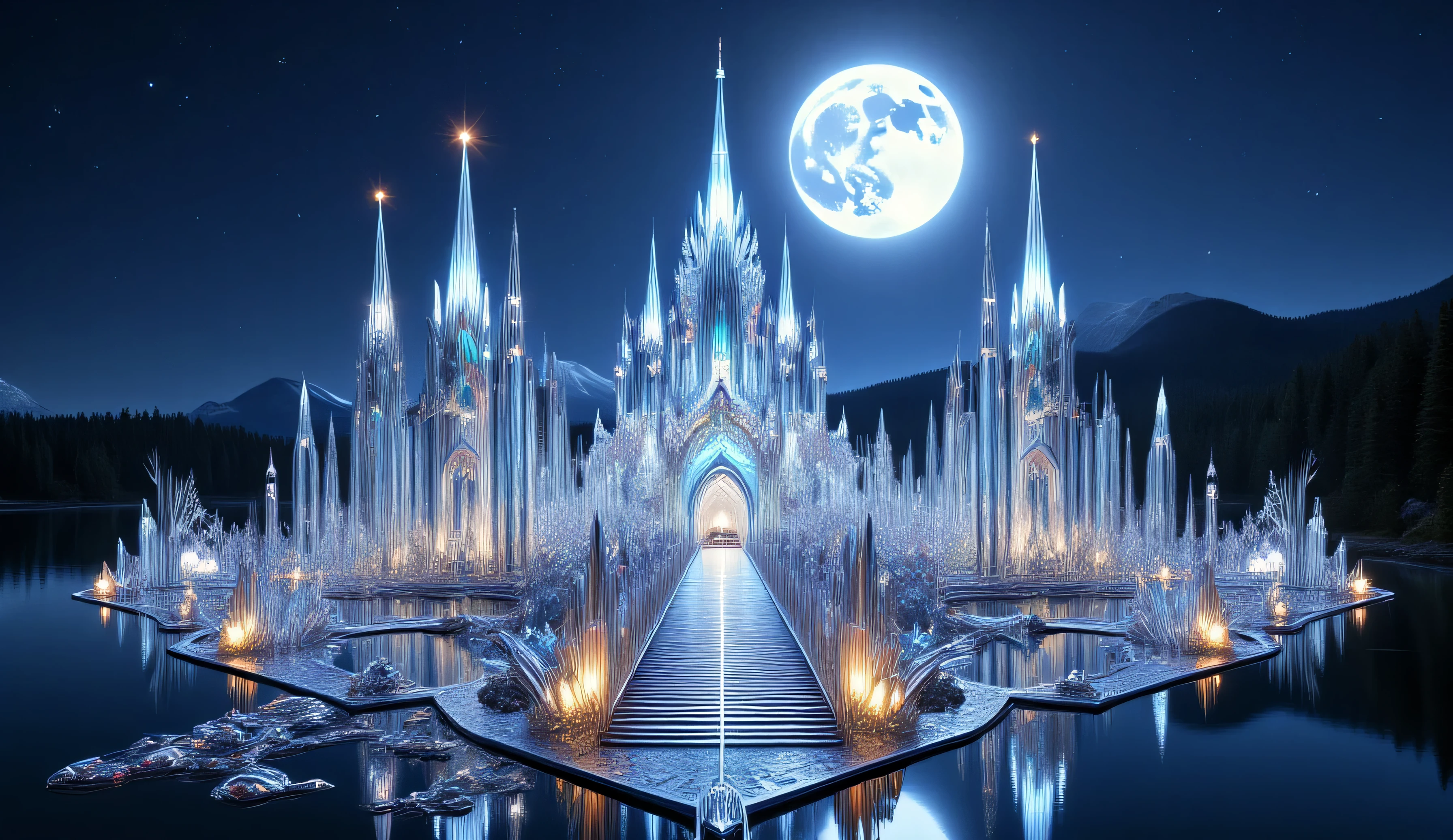 A colossal castle made entirely of crystal and glass rises from the center of a serene, perfectly still lake, reflecting the full moon above with dazzling clarity. Towering spires pierce the night sky, their surfaces refracting moonlight into shimmering rainbows. Intricate bridges connect floating terraces, each adorned with glowing magical lanterns and delicate crystalline sculptures. The lake's water is pristine and transparent, creating a flawless mirror image of the castle and its spires, enhancing the ethereal atmosphere. Mist swirls gently around the castle’s base, and faint magical glows pulse from the crystal walls, hinting at hidden enchantments within. Cinematic lighting highlights every facet of the glass structure, while the surrounding dark forest and distant mountains frame this otherworldly, majestic scene, evoking wonder, mystery, and awe.