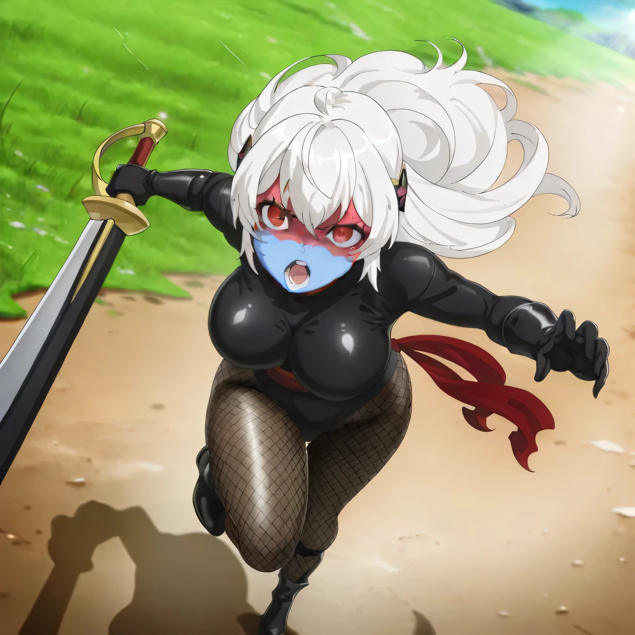 (((Masterpiece))), (((Best Quality))), ((Super Detail)), ultra-High resolution, score_9,score_8_up,score_7_up,score_6_up,score_5_up,score_4_up, BREAK, source_anime, anime screencap, uncensored, Masterpiece, (best shadow), (absurdres), (detailed background), (very aesthetic), detailed beautiful eyes, outstanding, an exquisite animation illustration, curvy, highres, shiny clothing, dark persona, empty eyes, blank eyes, shocker, black leotard, latex elbow gloves, brown fishnet pantyhose, (((blue skin))), colored skin, red sash, makeup, (((solo, 1girl))), hair ornament, pose, submissive pose, anime style, anime coloring, animification, megami magazine, pose, dynamic angle, cinematic angle, dutch angle, dynamic composition, large , Nazuna01, long hair, red eyes, white hair, holding, holding sword, sword, angry, holding greatsword, slashing, incoming attack, fighting, angry, open mouth, speed line, motion line, running, dappled light, sunbeam, full body, looking from above, from above, view from above, outdoor, grassland, greenland, fighting, fighting stance
