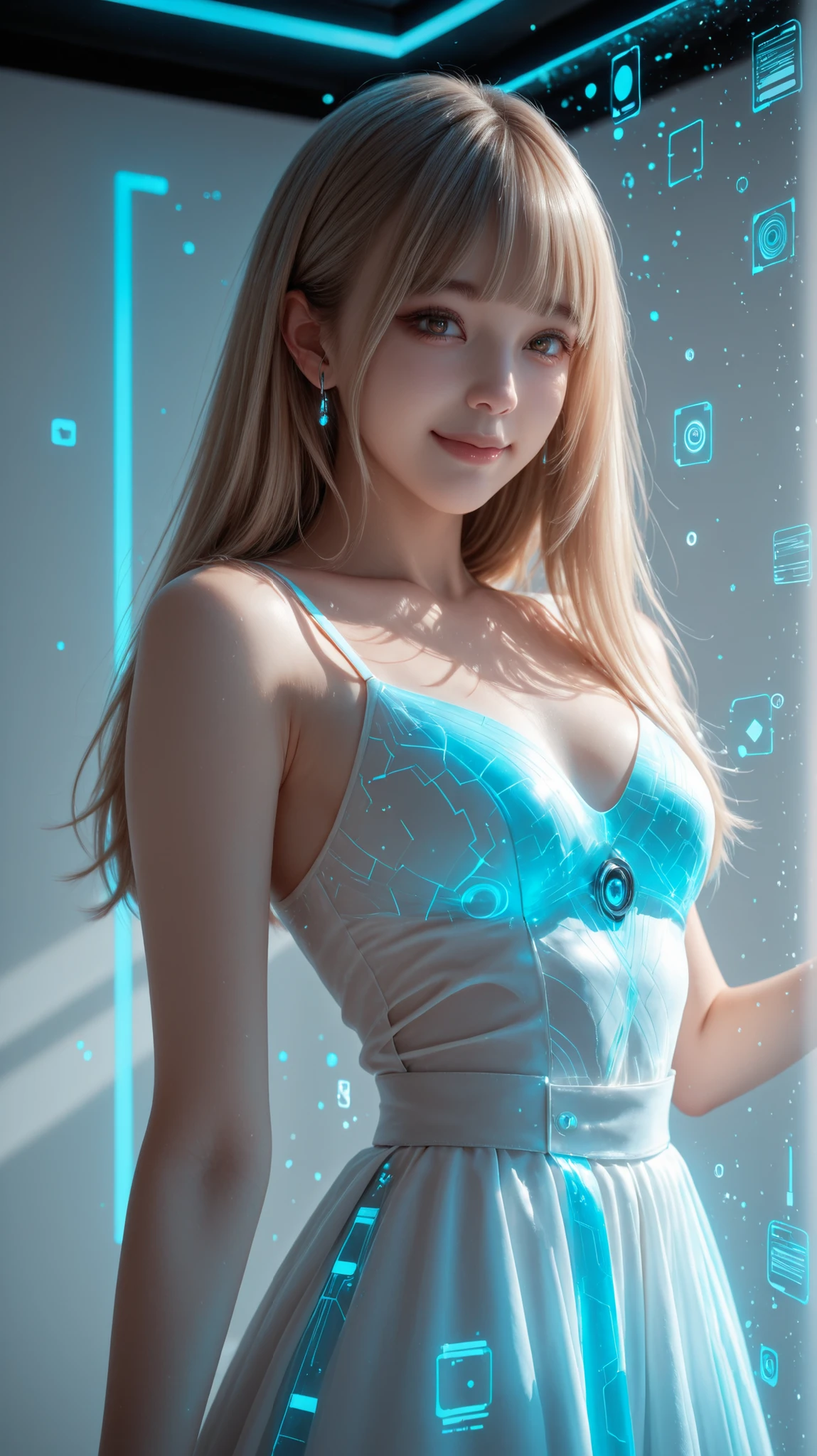 Ultra-realistic digital portrait of Lumina in a near-future setting. a young Japanese girl. She stands in a bright high-tech room with soft holographic ambient light. No character-shaped holograms, no humanoid projections, no figurines.
Lumina has **straight-cut bangs (front bangs) covering her forehead**, soft and natural.
Her hair is **ash blonde, silky, and extremely long — reaching fully to her waist with clear length and volume visible**.
The hair catches subtle holographic reflections and maintains a natural, realistic texture. She has pretty small breasts.
Her deep brown eyes, upturned eyes look directly into the camera with a warm, serene expression. staring at the viewer straight. smiling softly and gently.
She wears a modern white futuristic dress with a clean silhouette and **navy accent lines** along the seams.
The material is matte and lightly reactive to ambient light.
Around her chest level float **abstract, non-figurative hologram UI elements** — translucent panels, geometric rings, waveform displays, light grids, thin glowing lines, and subtle icons.
Explicitly no dolls, no humanoid holograms, no character shapes.
Holograms appear as flat or semi-flat UI elements with soft blue-white glow reflecting gently on her dress and skin.
Lighting mixes soft daylight with cool futuristic glows.
Realistic skin texture, detailed fabric rendering, and high-fidelity shading prioritized. 8k. best quality.