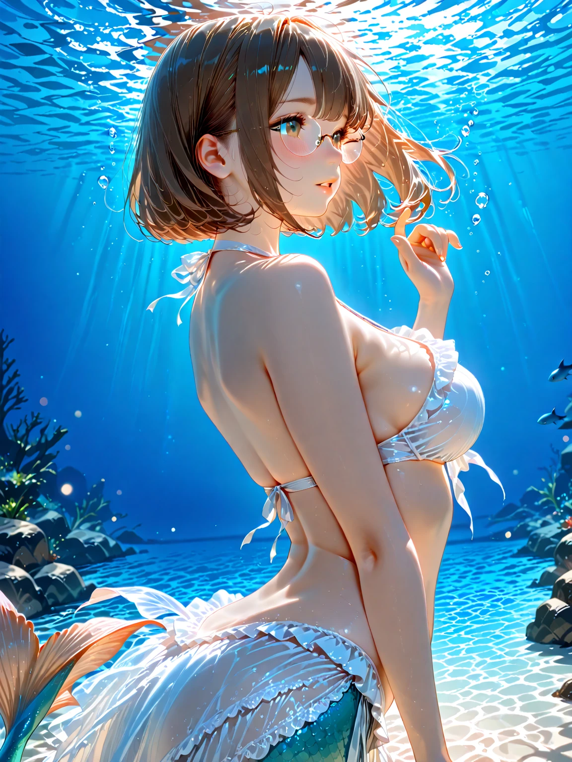 A  13-yr Asian girl is wearing transparent    catfish cap  full body detail  figure, wearing transparent two piece scally detailed on skin, wearing scally fish like skin texture body, lifting up plump  , wavy blue short hairstyles from the flow water, ((having fish tails instead of toes))((goblin ears))(scally fish arms & legs))((showing feets near camera)) (accurate details of hands & fingers)) hard big errect ,  splitting position,exposed  line, exposed panties, exposed pussyline, smiling with teeth exposed. Sparkling gray eyes, charms, face details & fucos skin texture colored blue, swimming under the ocean showing corals, urchins, fish, turtle, whale, bubbles of air for accurate background masterpiece ((with full blue fish like scales skin textured all over her body)) (( has gills)) swimming with ocean current waves under the sea