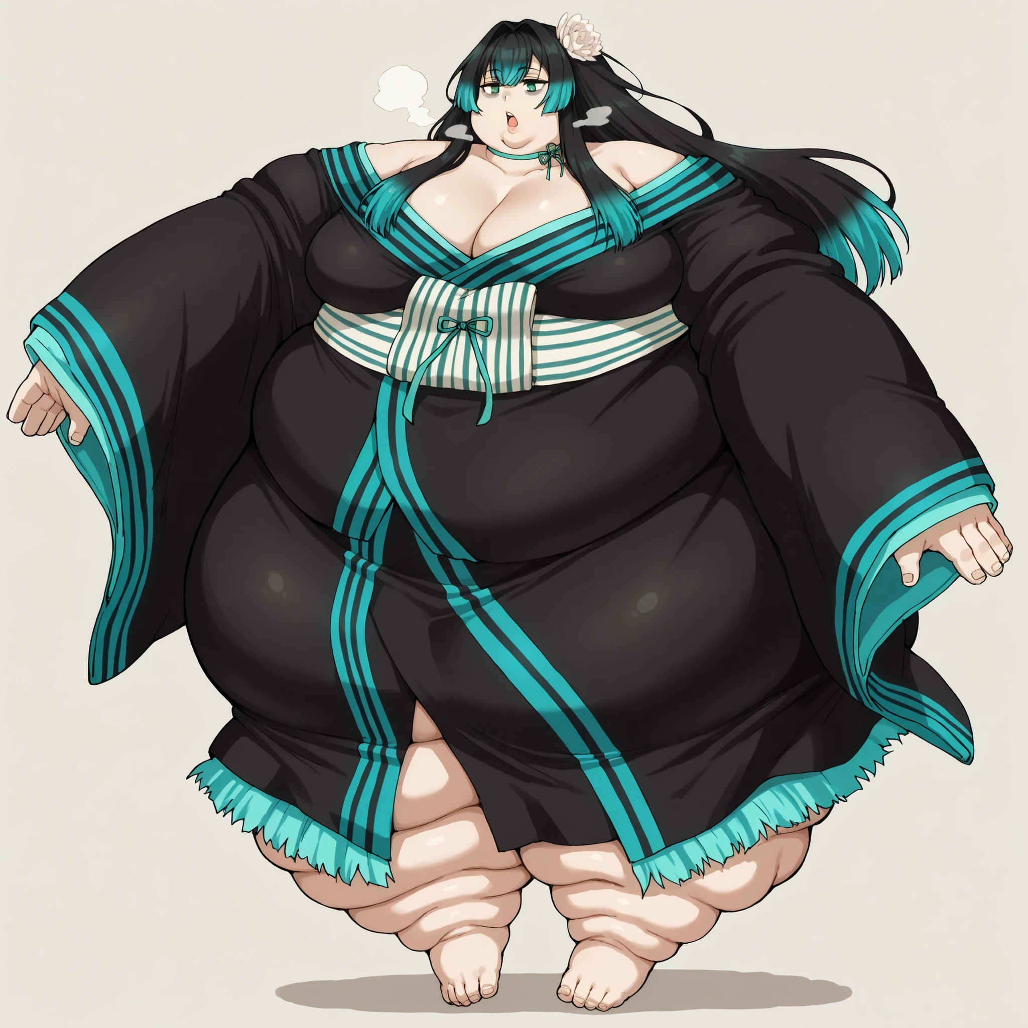 long hair, hair intakes, multicolored hair, black hair, aqua hair, green eyes, hair flower, bags under eyes, off shoulder, black kimono, aqua trim, ribbon choker, aqua choker, sash, sleeves past wrists, fat, chubby, obese, fat neck, multiple chins, big breasts open mouth, out of breath, Larger female, full body shot, only head, large head, oversized limbs, large hands, large feet, oversized feet, oversized fingers, big lips, plump lips, fat face, fupa, big fupa, fat fupa, hunchback, floating,