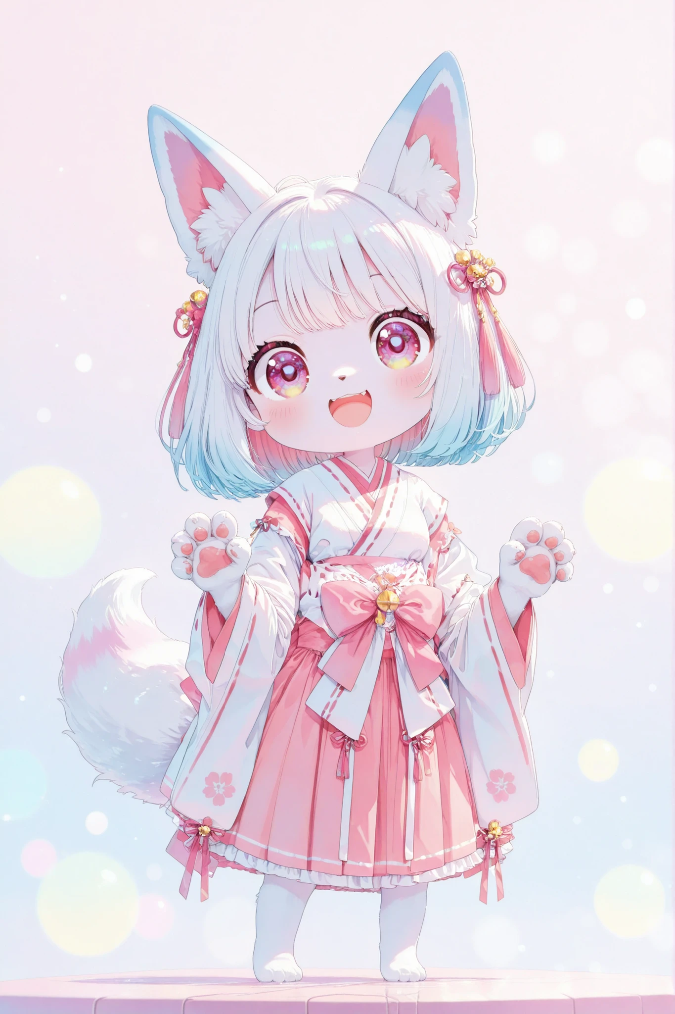 chibi style, 1girl, solo:2, (smile, Open His Mouth), claw pose, 4 fingers, (cute smile, round face, Punipuni, Petite), chibi style:1.4, Advanced Texture, pop colors, bokeh, Indoor, Bright Natural Light, (masterpiece, cute pastel color palette, kawaii aesthetic, top quality:1.2), Yukiko, Kemono-eared Girl, Furry, White Hair, Round Face, Large Eyes, Fox Ears, Fox Tail, Fox Forepaws, White Paw:1.2, ((Shrine Maiden Costume)),