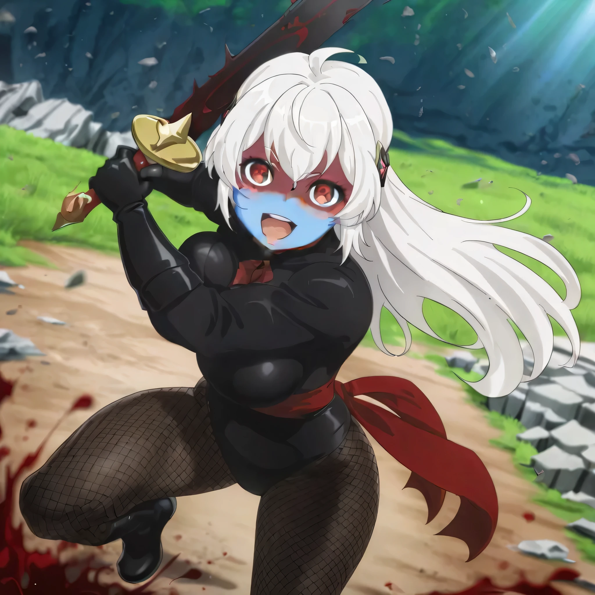 (((Masterpiece))), (((Best Quality))), ((Super Detail)), ultra-High resolution, score_9,score_8_up,score_7_up,score_6_up,score_5_up,score_4_up, BREAK, source_anime, anime screencap, uncensored, Masterpiece, (best shadow), (absurdres), (detailed background), (very aesthetic), detailed beautiful eyes, outstanding, an exquisite animation illustration, curvy, highres, shiny clothing, dark persona, empty eyes, blank eyes, shocker, black leotard, latex elbow gloves, brown fishnet pantyhose, (((blue skin))), colored skin, red sash, makeup, (((solo, 1girl))), hair ornament, pose, submissive pose, anime style, anime coloring, animification, megami magazine, pose, dynamic angle, cinematic angle, dutch angle, dynamic composition, large , Nazuna01, long hair, red eyes, white hair, holding, holding sword, sword, holding greatsword, slashing, incoming attack, fighting, open mouth, speed line, motion line, running, dappled light, sunbeam, outdoor, grassland, greenland, fighting, fighting stance, smile, evil smile, looking at viewer, debris, rubble, blood splatter, , dynamic pose, action pose, wind, windy, battlefield, looking from front, from front, view from front, wide eyes, upper teeth, smirk, smug, slashing at viewer, attacking at viewer, explosion
