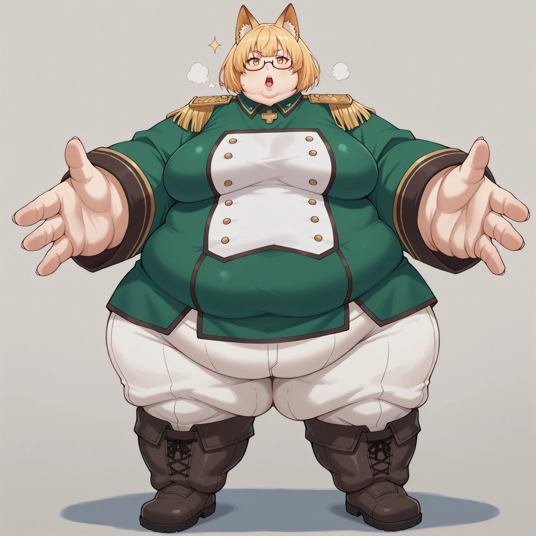 kaedefoxia, 1girl, solo, kitsune, glasses, animal ears, epaulettes, blonde hair, short hair, under-rim eyewear, fox ears, double-breasted tunic, knee boots, uniform, military uniform, white pants, fat, chubby, obese, fat neck, multiple chins, big breasts open mouth, out of breath, Larger female, full body shot, only head, large head, oversized limbs, large hands, large feet, oversized feet, oversized fingers, big lips, plump lips, fat face, fupa, big fupa, fat fupa, 
