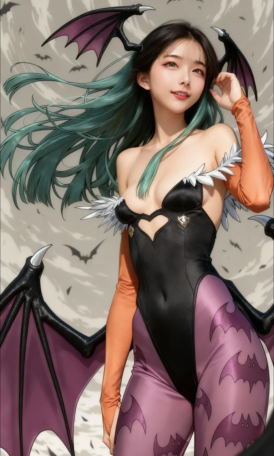 morrigan aensland,head wings,pantyhose,1girl,long hair,moon,green hair,breasts,leotard,demon girl,wings,full moon,bare shoulders,animal print,large breasts,bat print,bat (animal),lips,bat wings,cleavage,green eyes,realistic,print legwear,character name,parted lips,collarbone,score_9,score_8_up,<lora:Artgerm_XL_PONY:0.8>,