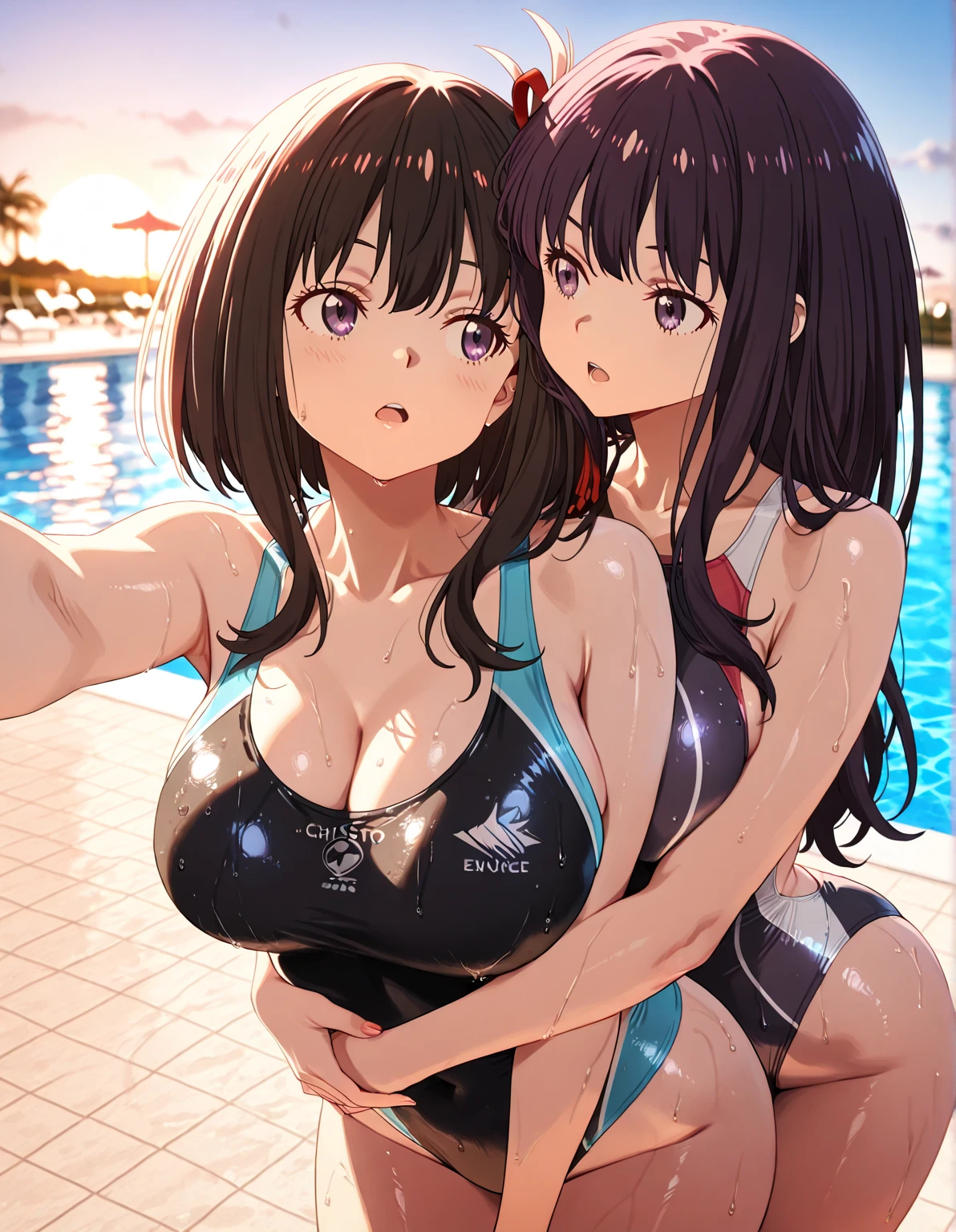 (Best Quality)), ((Masterpiece Art)), A trick for flawless beauty, (high resolucion), Very reduced 8K , a flawless face, perfect eyes, Symmetrical body shape,Black hair, black , blue hot pants, large full , ,  attractiveness, , , pool, 1 girl