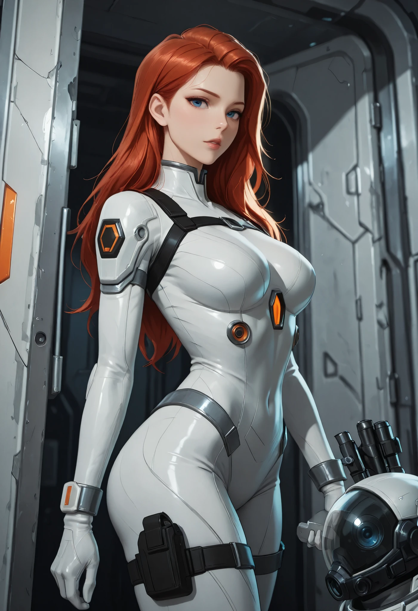 high resolution images, masterpiece, Highest Quality, amazing quality, official art, Highly detailed, Wallpaper, 1 girl, blue eyes, red hair, big eyes, slender, wide hips, (slim thighs), A very attractive and slim woman wearing a tight spacesuit walks through the corridors of an abandoned and decaying space station in a futuristic world. dynamic angle, ((orange accent lines)), black accent lines, side view, looking at viewer,  
