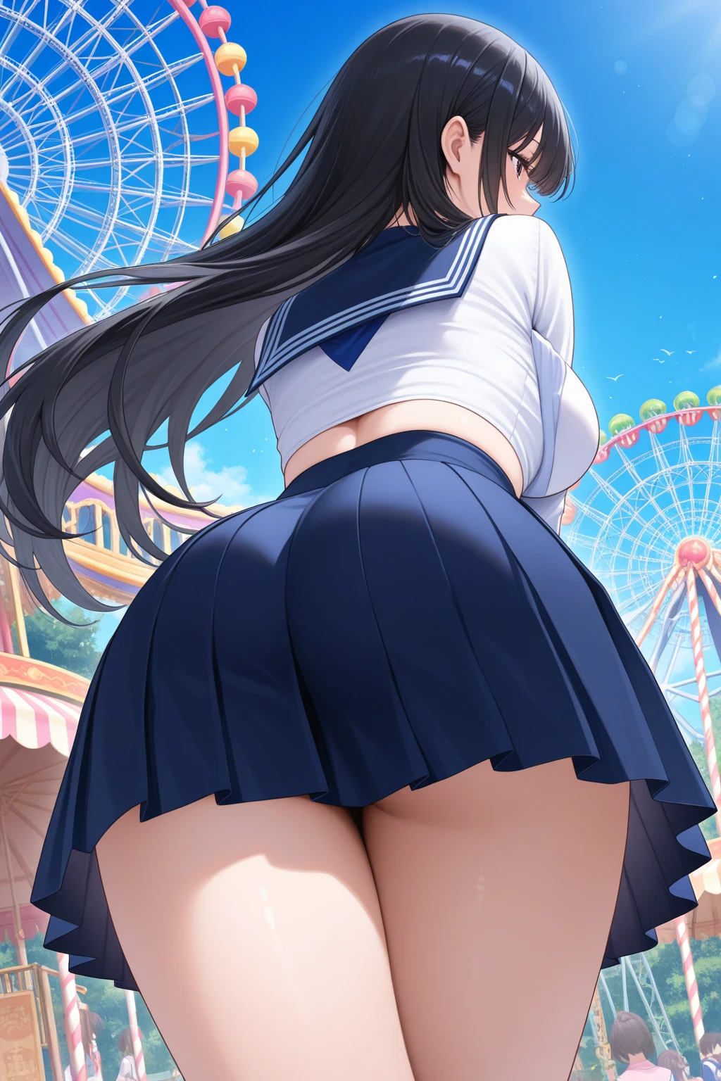 1girl in, Cute, girl, ((white and navy striped panties)), From below, (( close up)), (masutepiece,Best Quality,ultra-detailliert:1.2),(lightsmile:0.7), bend down as if to pick something up, (Panties:1.1), Mini skirt, kizuna akari, Silver hair, huge-breasted,