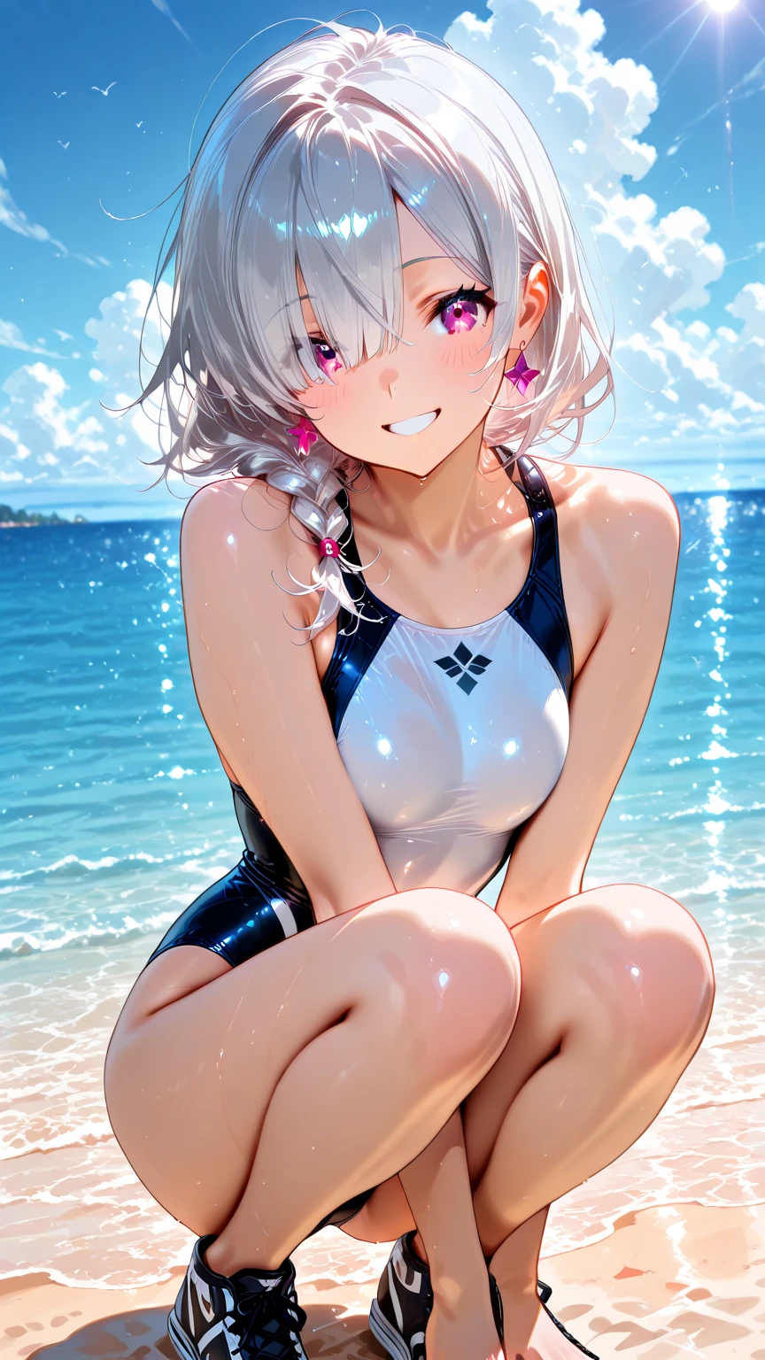 score_9, score_8_up, score_7_up, source_anime, masterpiece, absurdres, , perfect face, 1girl, cute expression, smiling, looking at viewer, full body, background: bedroom, alisamikhailovna, alisamikhailovna kujou, long hair, bangs, blue eyes, tiara, ahoge, gray hair, red ribbon, (cat lingerie:1.1), (black lingerie:1.1)