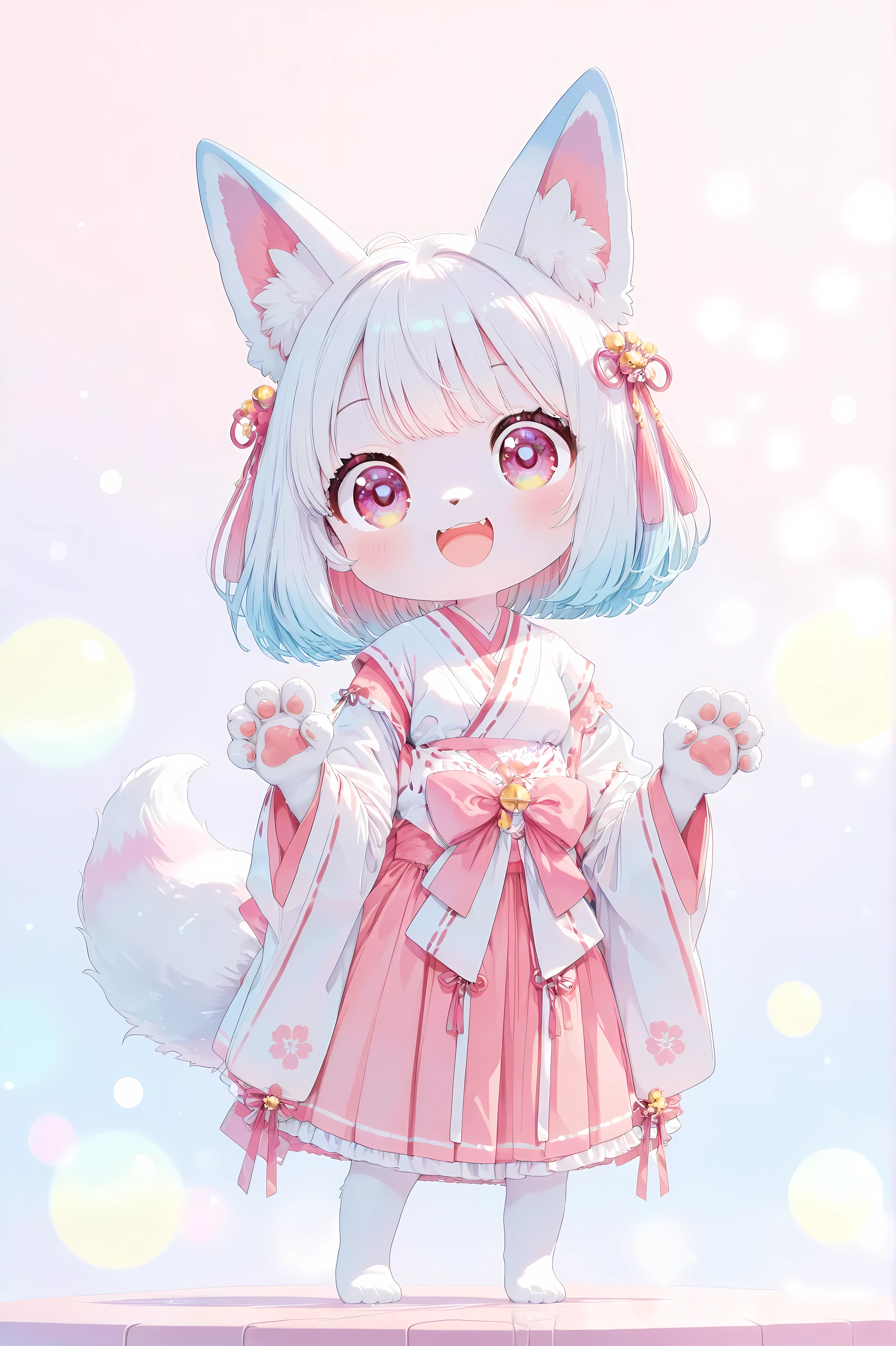 chibi style, 1girl, solo:2, (smile, Open His Mouth), claw pose, 4 fingers, (cute smile, round face, Punipuni, Petite), chibi style:1.4, Advanced Texture, pop colors, bokeh, Indoor, Bright Natural Light, (masterpiece, cute pastel color palette, kawaii aesthetic, top quality:1.2), Yukiko, Kemono-eared Girl, Furry, White Hair, Round Face, Large Eyes, Fox Ears, Fox Tail, Fox Forepaws, White Paw:1.2, ((Shrine Maiden Costume)),