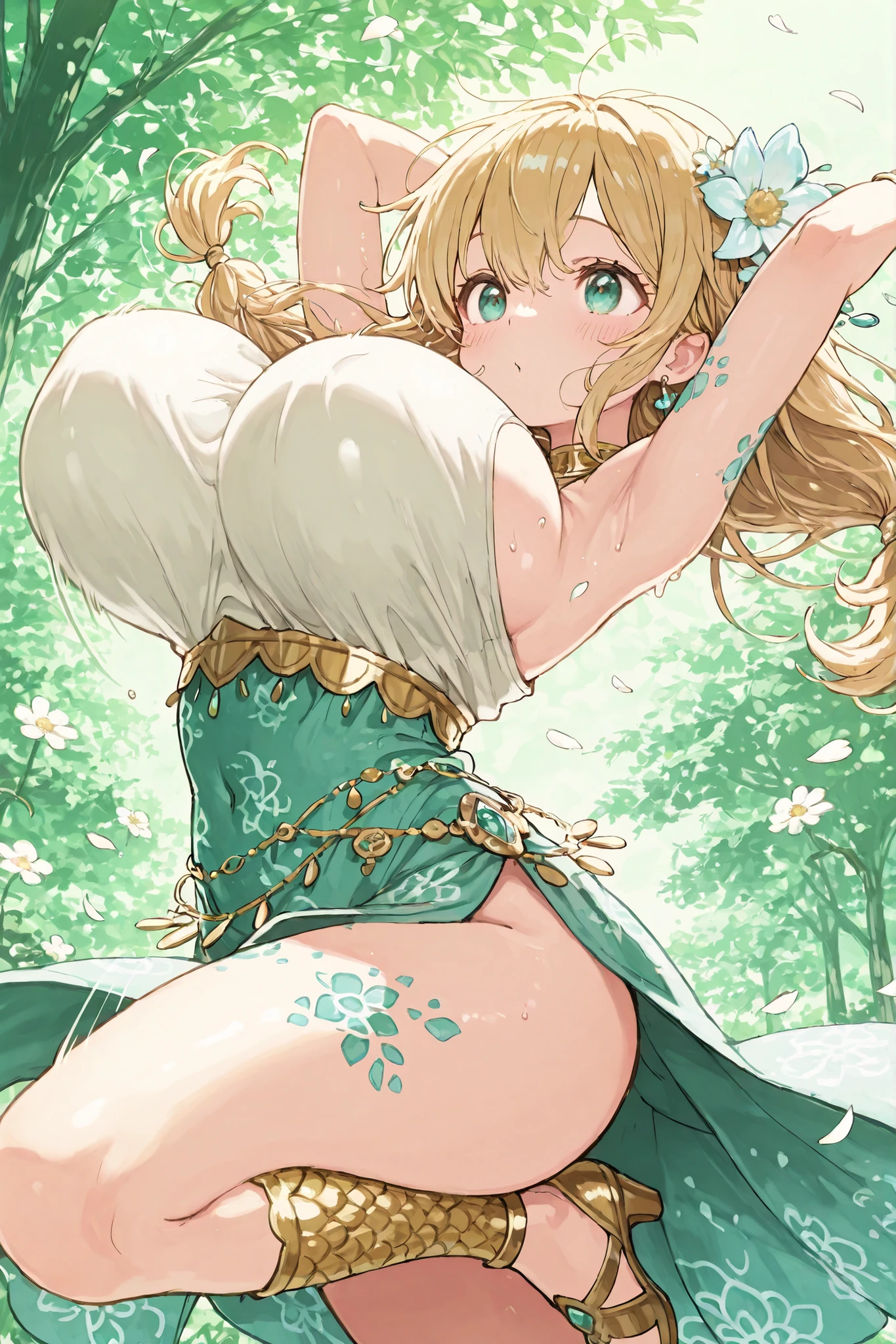 cute, tallの女性、(solo),solo,mature woman,tall、charming thighs、masterpiece, Newest, vivid, cute, (masterpiece, details:1.2) Closeup of a Girl. cute, 748cm style, (masterpiece:1.3), ( vividファンタジー ), cute young girls , **bright forest dancer, iridescent scales on her skin similar to petals**, **scales that form intricate flower patterns**, **Cheerful and graceful expression**, fresh flowers adorning her hair, **dancing in full energy, sunny flowering prairie**, twinkling light , dynamic pose, scales that shine with every movement, rich green background, huge breasts:1.2、(bouncing breasts:1.5)、leg up:1.2