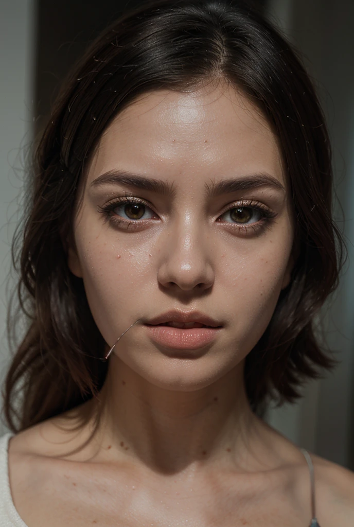 1girl in.masutepiece,,award - winning photo, Extremely detailed, sharp focus on eyes, Nose and Mouth,Face Focus, Woman with mouth open and eyes closed, Black camisole、32years old,A dark-haired、Wrinkles in the eyes：1.0、Symmetrical face,Realistic nostrils、Angle from below、elongated C-shaped nostrils,,,,,,,,,,,,,,,,Inside a Chanel store、Lighting that emphasizes skin glowing with sweat、((sharp nose))Skin shiny with sweat、shinny skin、(Trembling girl),,Back,wet and shiny lips、Wide-angle lens distortion removal、