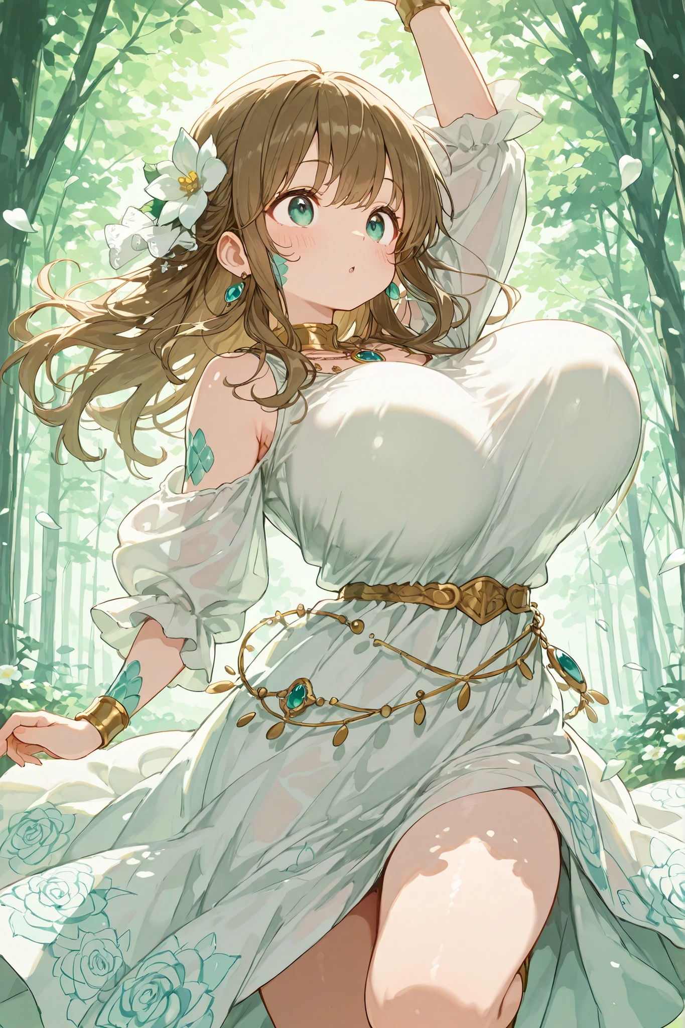 cute, tallの女性、(solo),solo,mature woman,tall、charming thighs、masterpiece, Newest, vivid, cute, (masterpiece, details:1.2) Closeup of a Girl. cute, 748cm style, (masterpiece:1.3), ( vividファンタジー ),  cute young girls , **bright forest dancer, iridescent scales on her skin similar to petals**, **scales that form intricate flower patterns**, **Cheerful and graceful expression**, fresh flowers adorning her hair, **dancing in full energy, sunny flowering prairie**,  twinkling light , dynamic pose, scales that shine with every movement, rich green background, huge breasts:1.2、(bouncing breasts:1.5)、leg up:1.2、nipple protrusion under his clothes