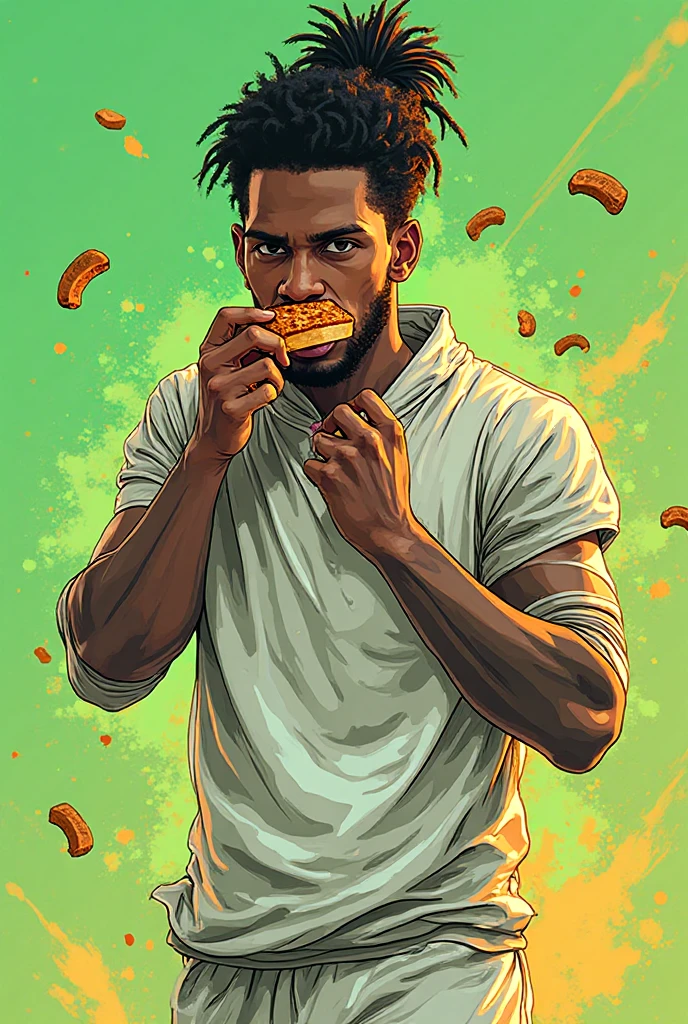 16 year old Miles Morales lies  in his bed eating a double cheese burger and showing his abs,