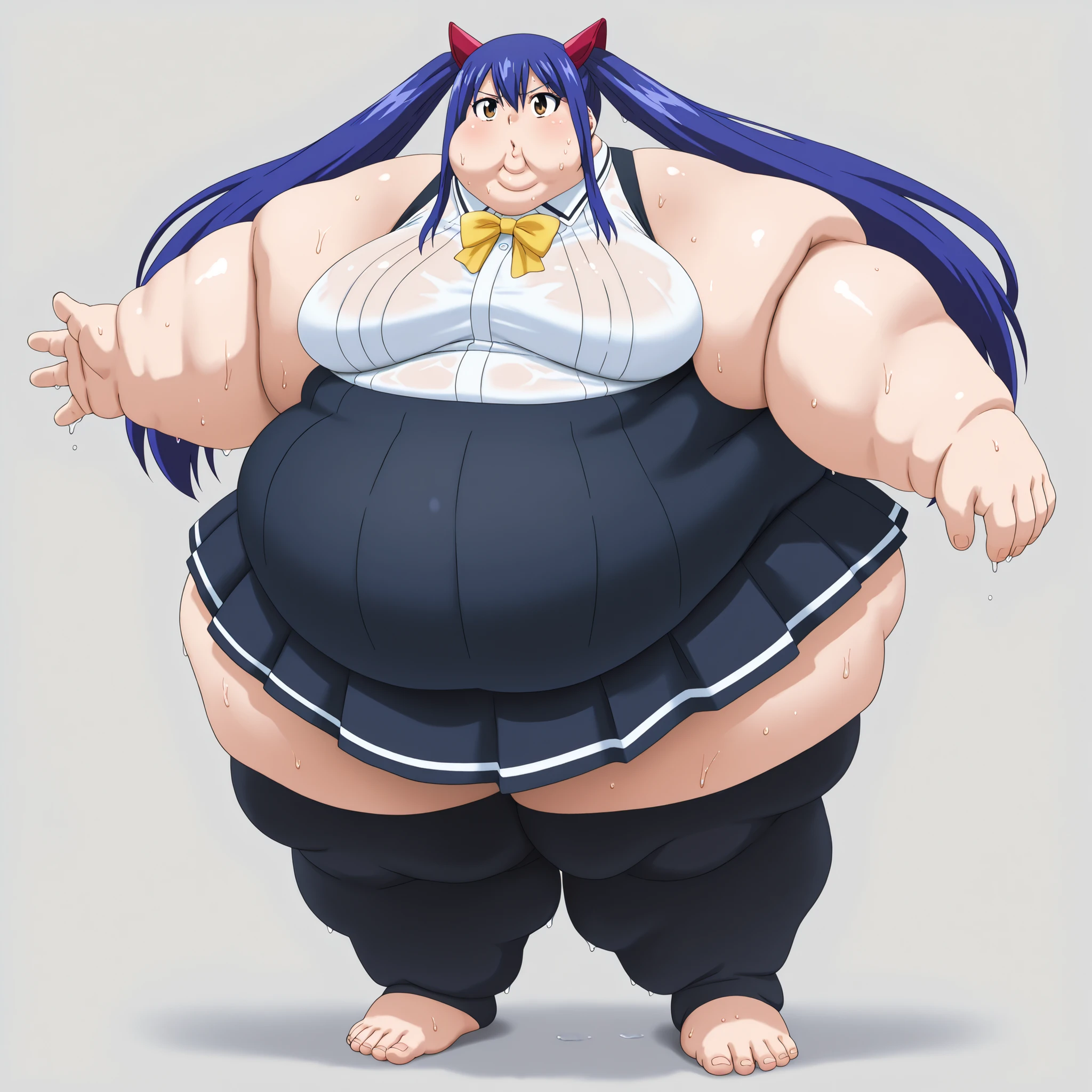 wendy marvell, long hair, hair ornament, ribbon, hair between eyes, twintails, brown eyes, very long hair, blue hair,
skirt, thighhighs, bow, ribbon, pleated skirt, black thighhighs, bowtie, black skirt, zettai ryouiki, yellow bow, yellow ribbon, barefoot, bare hands, dark eyes, , fat, chubby, obese, gigantic arms and legs, large breasts, sweating, wet body, swollen face, Fat_neck , Fat head , eyes with crushed cheeks , nose with crushed cheeks , mouth with crushed cheeks , chin roll,
only head, large head, oversized limbs, large hands, large feet, oversized feet, oversized fingers, big lips, plump lips