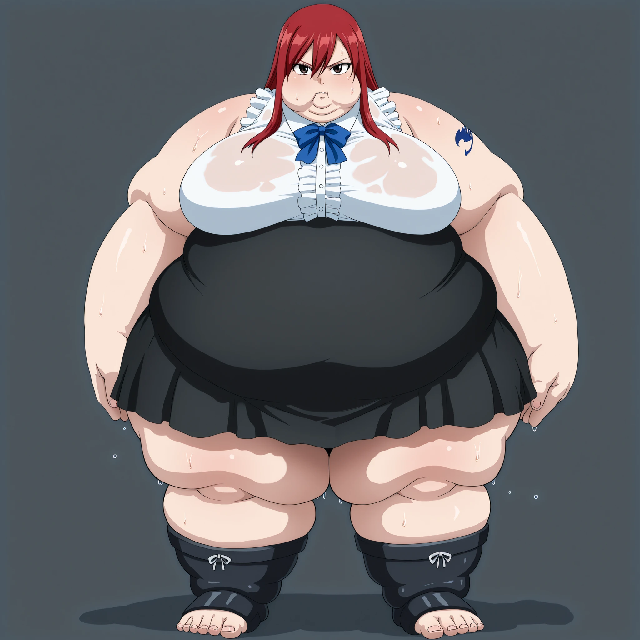 erza scarlet, long hair, red hair, hair between eyes, brown eyes, skirt, shirt, bow, boots, sleeveless, sleeveless shirt, tattoo, white shirt, frills, thighs, barefoot, bare hands, dark eyes, ,  fat, chubby, obese, gigantic arms and legs, large breasts, sweating, wet body, swollen face, Fat_neck , Fat head , eyes with crushed cheeks , nose with crushed cheeks , mouth with crushed cheeks , chin roll,
only head, large head, oversized limbs, large hands, large feet, oversized feet, oversized fingers, big lips, plump lips 