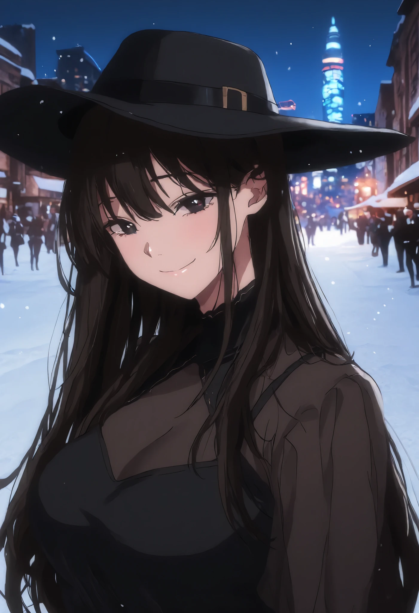 Best Quality、Top image quality、masterpiece、womanhood((18year old,C cup、dark haired、long hair、black outfit、Smile Yan、best body 、dark eyes、black hat、valley))High Quality、high image quality, Film Style、Background((Night City、snow))、masutepiece、