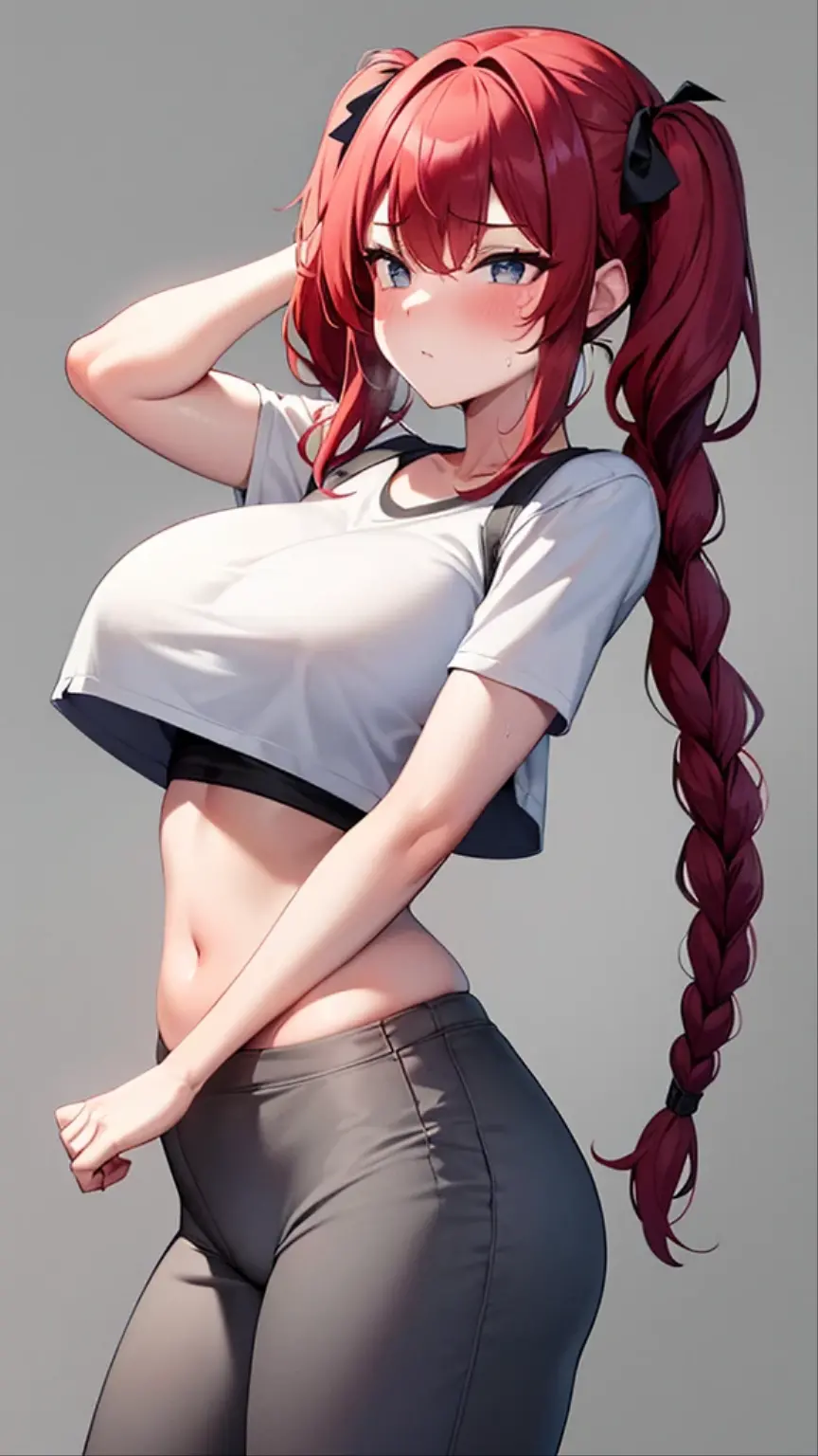 (8K,Highest quality,masterpiece:1.2),(Heart Eyes),(Clothing Details),(???????????) ,((Detailed hand and fingers)),High quality CG Unity 8k Huge file size,Ultra fine,High resolution,Beautiful Eyes,Ray Tracing,Dramatic Shadows,delicate,Hyper Detail,(1 girl:1. 3)、(Single)、(Red hair in three braided twin tails)、 (White short crop top)、blush、Proudly、Big ???、((Two-dimensional woman)),(One person)、(Simple Background)、hot、((Sweaty))、((Cowboy Shot))、Black leggings、、((()))、(((Grey hot pants)))、(((Ero Pose)))、Embarrassed、spoken heart 、piece by hand