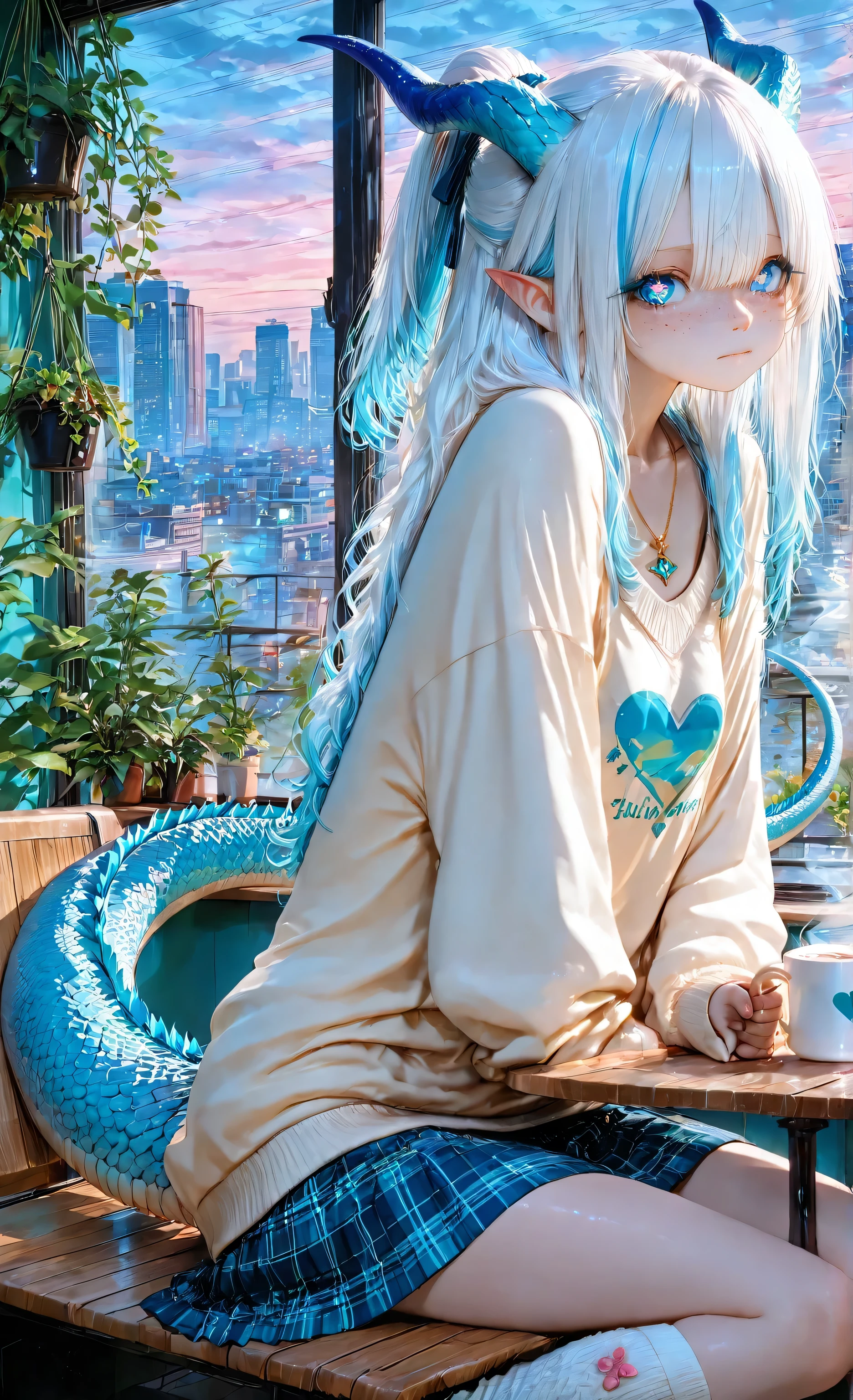 best quality, photography, ultra highres, 1 girl, scaled skin, cute dragon girl, sapphire-blue scales covering arms from wrists to shoulders in wave patterns, delicate scales along jawline and across nose bridge like freckles, sitting at window seat in cozy coffee shop with rain falling outside, coffee shop details include wooden tables, hanging plants, and steamy windows with city lights visible through raindrops, posing with both hands cupping hot chocolate mug, looking thoughtfully out rain-streaked window, heart-shaped face with soft features and slightly pointed ears, large sky-blue eyes with star-shaped pupils and double lashes, (detailed eyes:1.2), (sharp eyes:1.1), long wavy silver-white hair with darker blue roots in half-up style with star clips, wearing oversized cream sweater with thumb holes, blue plaid skirt, and thigh-high white socks, simple gold necklace with small dragon pendant