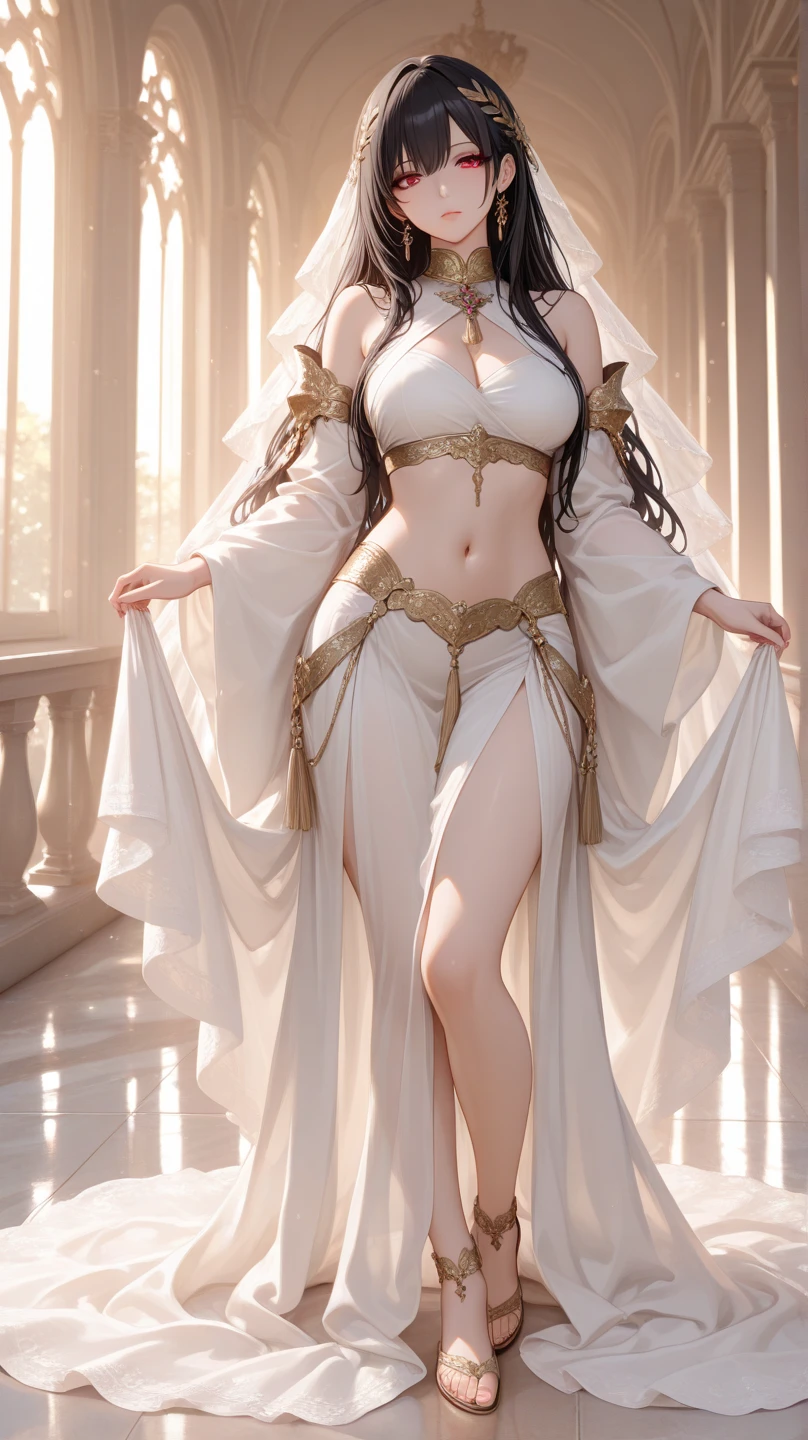 Sugihara anri, ((solo)), alone, bride, was ?????, ?????, happy, ((forehead to show)), standing, entering the church, dark hair, long hair, delicate, young, long hair, detailed face, high definition, ((full body)), (flowers around her), full body, she is a beautiful woman getting married, face with high quality, beautiful, radiant, ???????????, ?????? ?????, visible pubic area, visible ??????