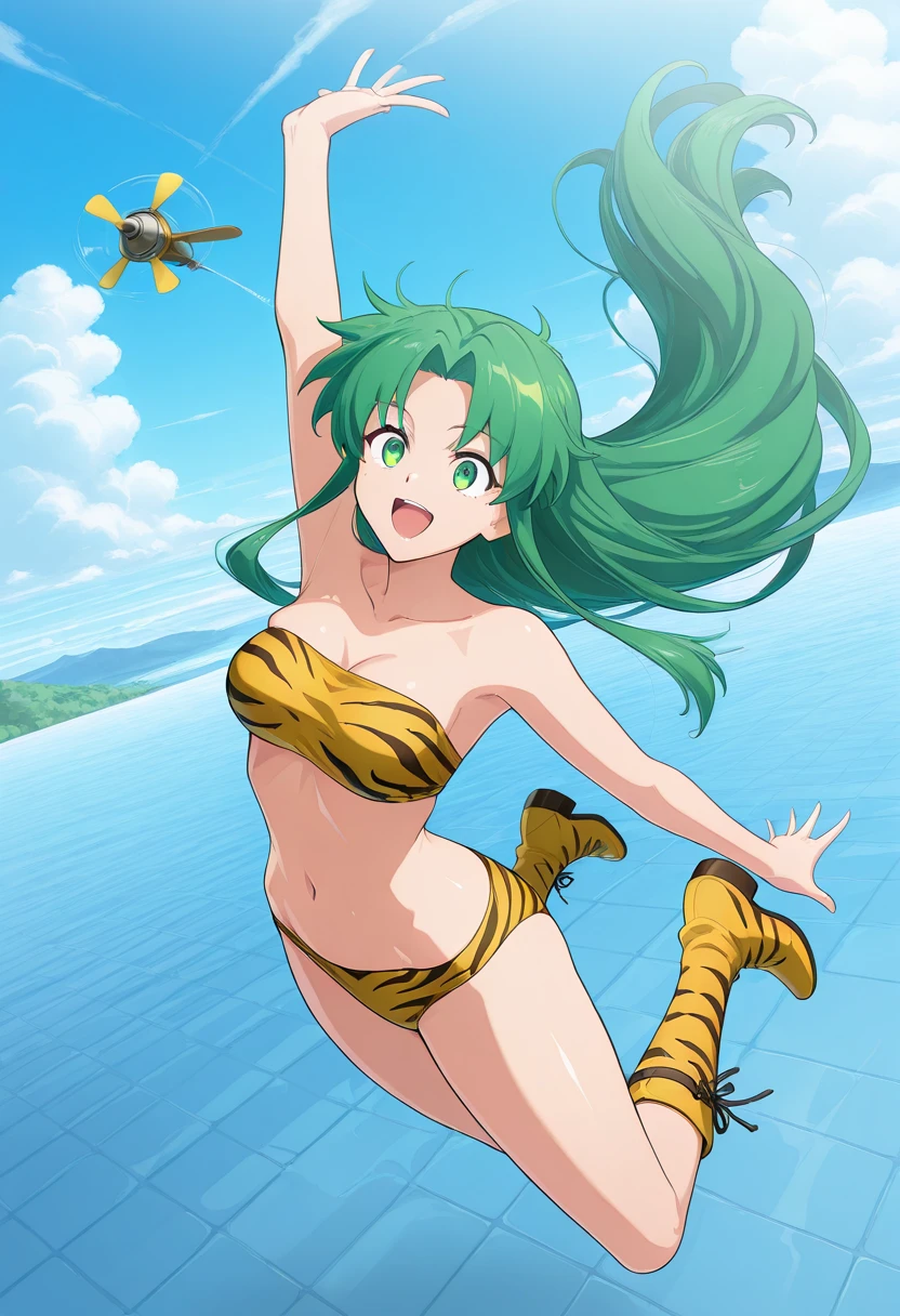 1girl, solo, standing atop a mountain overlooking the ocean and islands, cumulonimbus clouds, standing split holding up her leg, wearing high heels, fishnet leotard with blue  underneath, thigh strap, , detached collar with a bowtie, wrist cuffs, standing on one leg, looking at the viewer, yelling "YES YOU CAN!!", blushing, determined facial expression, wind blowing through her hair, light green hair, short hair, bob cut, blunt bangs, straight cut bangs, green eyes, , cleavage, seaguls, grass, path leading to the beach, depth of field, anime, art by Kentaro Miura