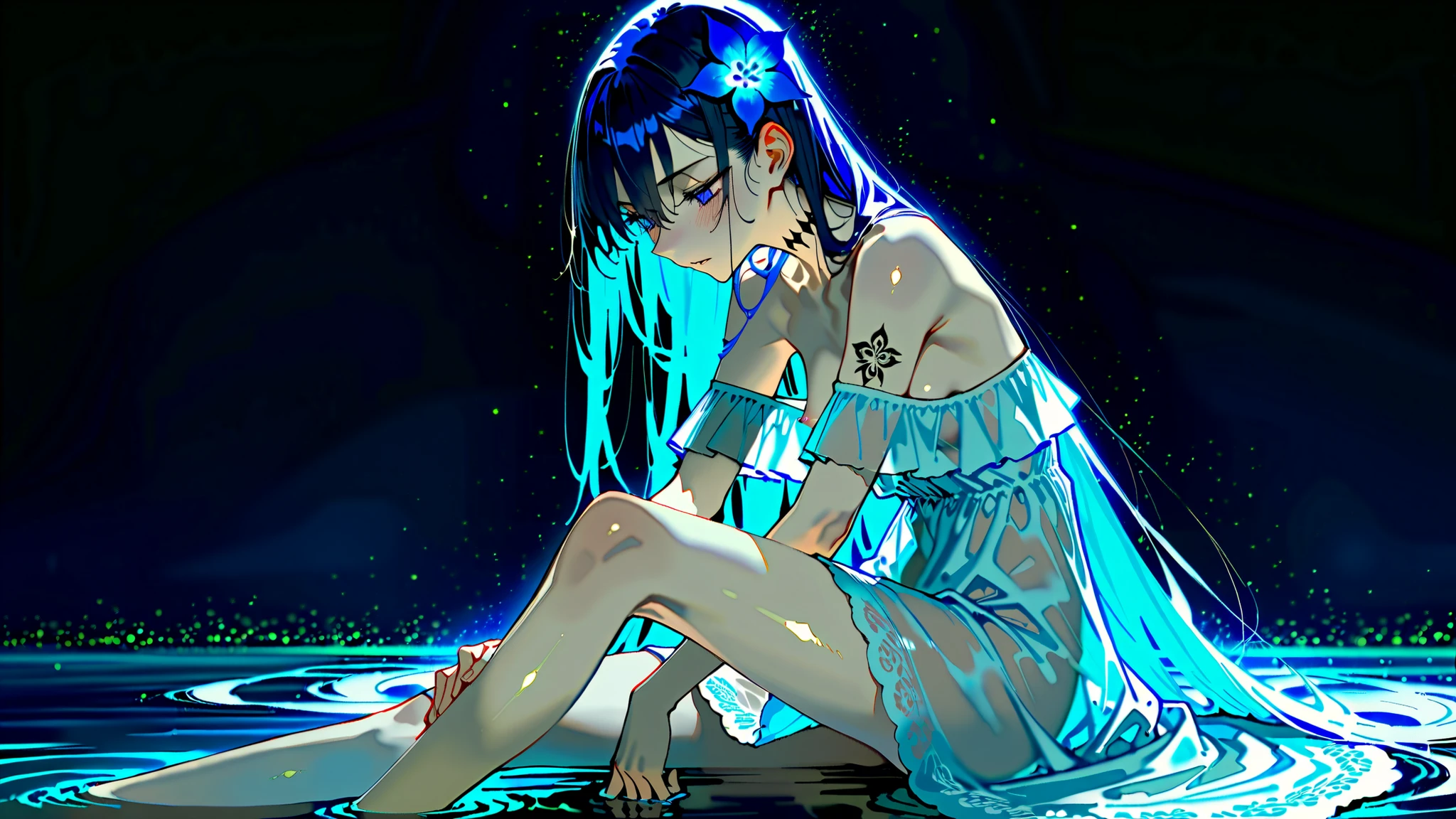 nsfw,nipple,Masterpiece, best quality, amazing quality, newest, very aesthetic, absurdres, (scenery:1.4), 8k, good anatomy, good shading, ultra detailed, refined details, high resolution, HD, masterwork, G0zeNA_illu,abstract,surreal, XUER guangying,748cmstyle.
(shinkai makoto:0.75), (mazjojo:0.83), (artist:pigeon666:0.67), (artist:zawar379:0.77), (artist:remsrar:0.65), (artist:yoneyama mai:0.74), (chimmyming:0.72), (konya karasue:0.55), (remsrar:0.65), nub1mo, (Yomu:0.3),(dino_(dinoartforame):0.5),(quasarcake:0.4),(wlop:0.3), (ebifurya:0.52), (as109:0.82), (krekkov:0.68), (mossacannibalis:0.56), (tianliang duohe fangdongye:0.8), (z-ton:1.04), (photorealistic:1.2), (illustration:1.3), high resolution, sharp focus, soft lighting, aged up, 1girl, long hair, blue eyes, blue hair, off shoulder, black hair, bare shoulders, sidelocks, very long hair, blush, half-closed eyes, hair flower, expressionless, hair between eyes, glowing hair, straight hair, parted lips, looking down, purple eyes, dress, white dress, hair ornament, floral print, off-shoulder dress, see-through, frills, frilled dress, blue dress, sitting, knee up, looking at viewer, flower, water, glowing, solo, blue theme, black background, from side, simple background, feet out of frame, dark, tattoo, closed mouth, white flower, arm tattoo, blue flower, dark background, flower tattoo, light particles, (medium\), tesun \(g noh\).
Negative prompt: lowres, (bad quality,worst quality:1.2), long neck, bad anatomy,watermark, sketch,jpeg artifacts,ugly, poorly drawn,(censor),cross, loli
Steps: 25, CFG scale: 4, Sampler: DPM++ 3M SDE, Seed: 1182288780